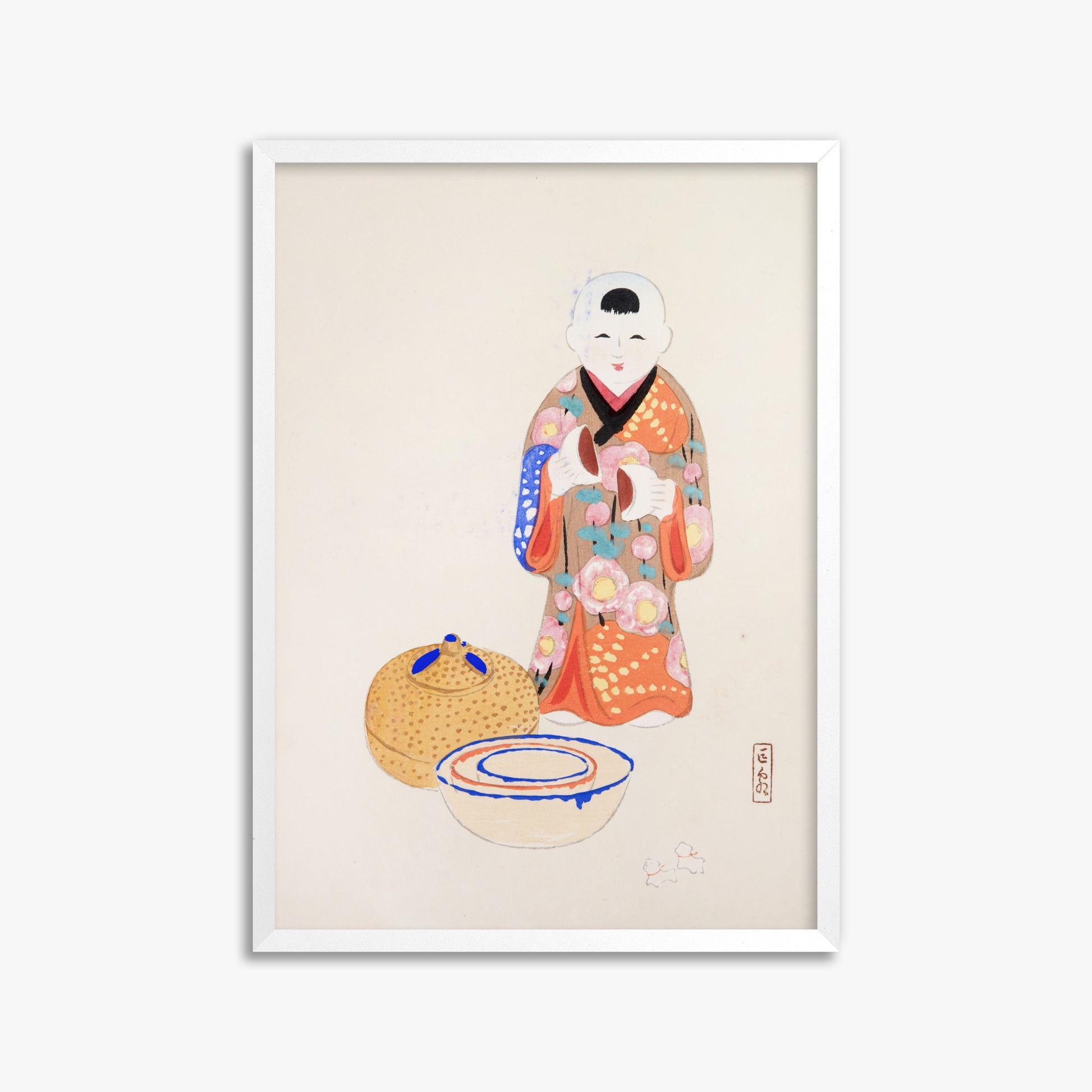Kawasaki Kyosen: Kyosen’s Collected Illustrations of Japanese Toys Nr. 16 ("Serene Tea Ceremony"), 50x70cm Framed Art Reproduction With White Frame