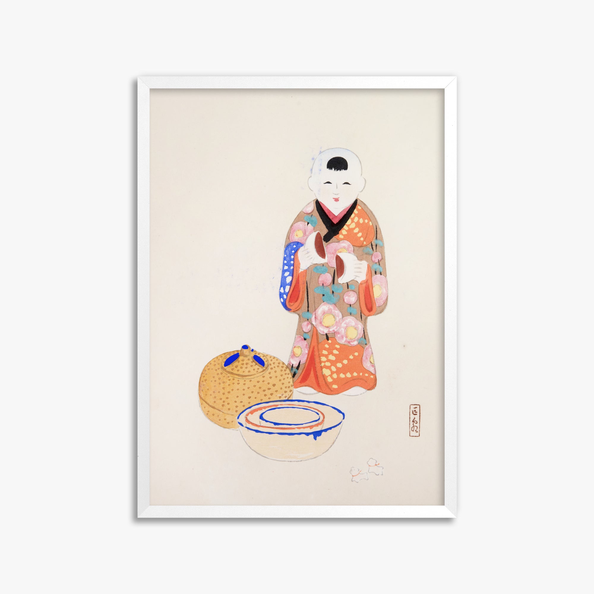 Kawasaki Kyosen: Kyosen’s Collected Illustrations of Japanese Toys Nr. 16 ("Serene Tea Ceremony"), 50x70cm Framed Art Reproduction With White Frame