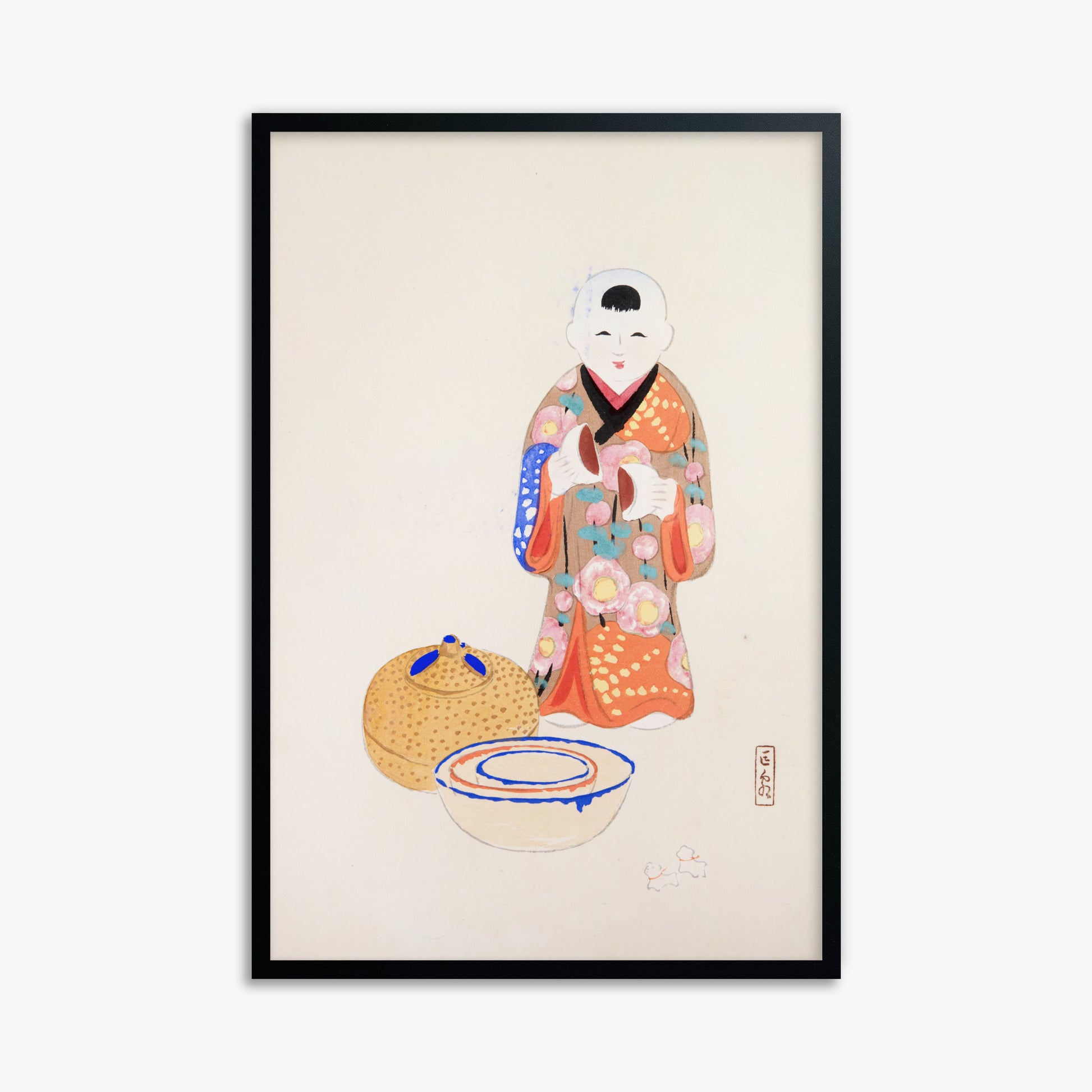 Kawasaki Kyosen: Kyosen’s Collected Illustrations of Japanese Toys Nr. 16 ("Serene Tea Ceremony"), 61x91cm Framed Art Reproduction With Black Frame