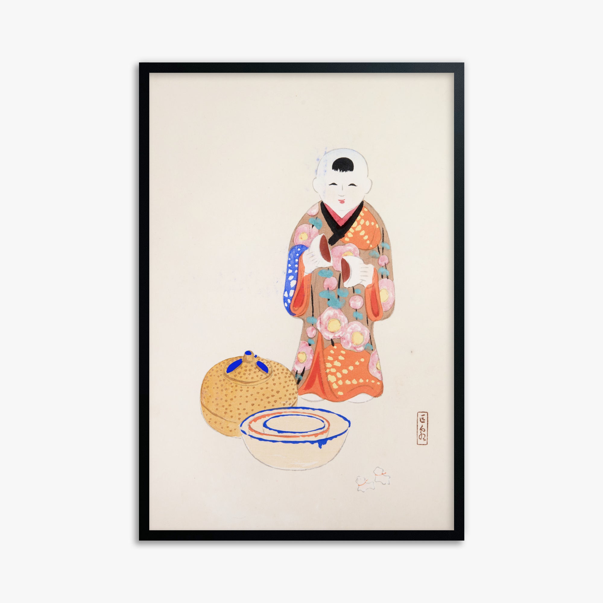 Kawasaki Kyosen: Kyosen’s Collected Illustrations of Japanese Toys Nr. 16 ("Serene Tea Ceremony"), 61x91cm Framed Art Reproduction With Black Frame