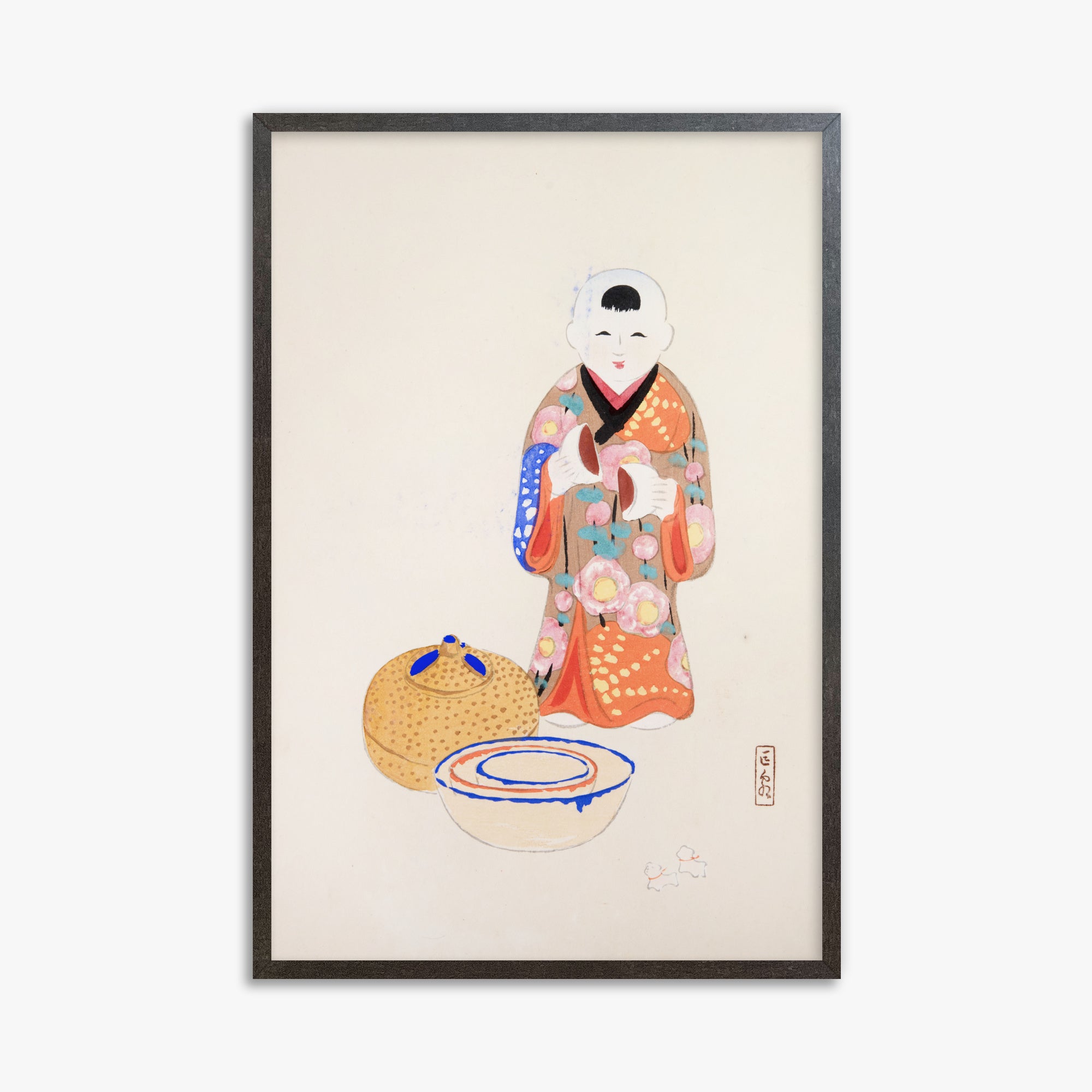 Kawasaki Kyosen: Kyosen’s Collected Illustrations of Japanese Toys Nr. 16 ("Serene Tea Ceremony"), 61x91cm Framed Art Reproduction With Espresso Frame
