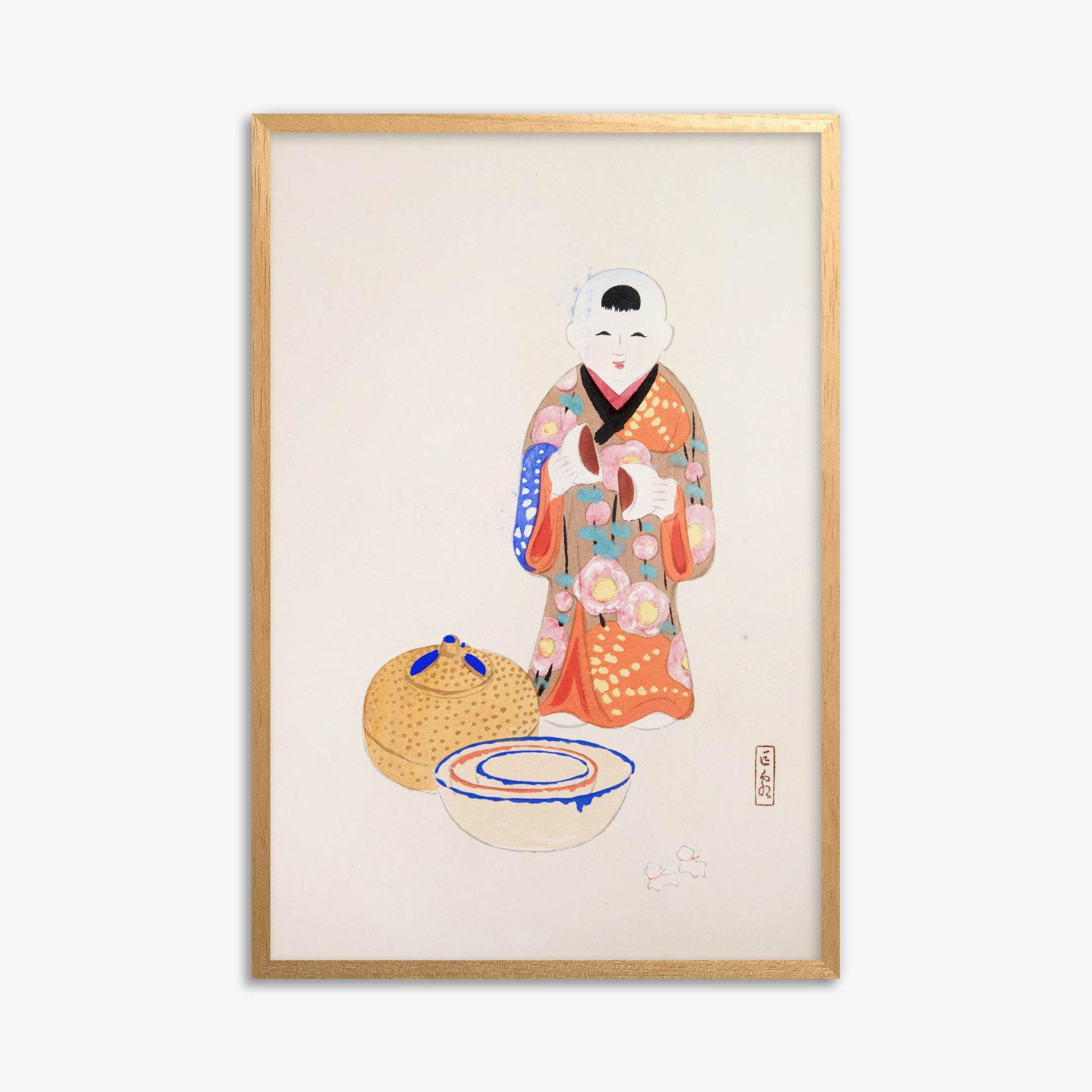 Kawasaki Kyosen: Kyosen’s Collected Illustrations of Japanese Toys Nr. 16 ("Serene Tea Ceremony"), 61x91cm Framed Art Reproduction With Oak Frame
