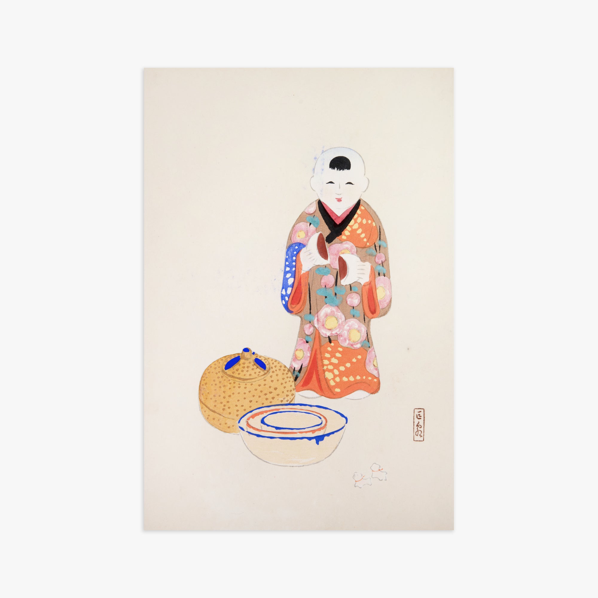 Kawasaki Kyosen: Kyosen’s Collected Illustrations of Japanese Toys Nr. 16 ("Serene Tea Ceremony"), 61x91cm Art Reproduction Unframed