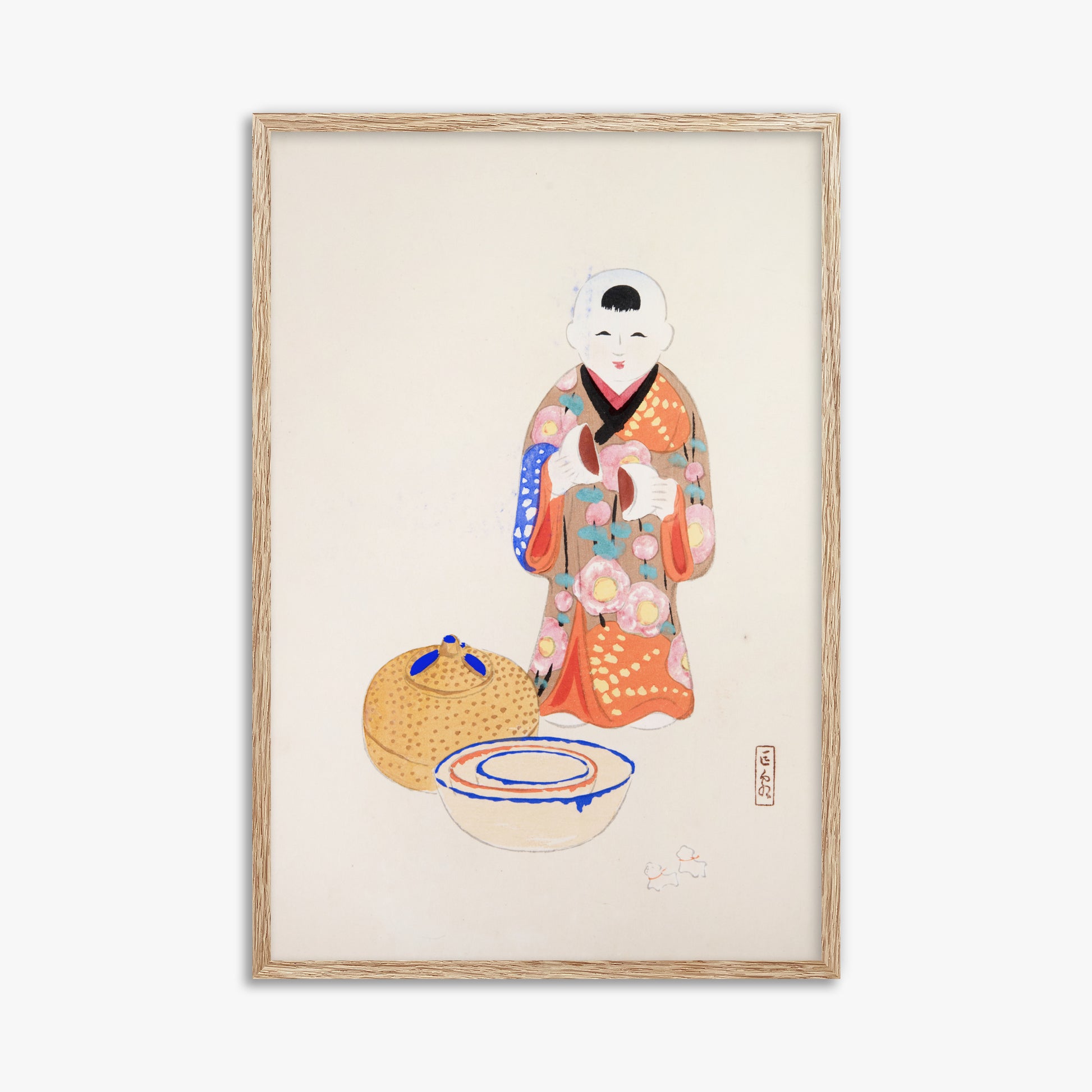 Kawasaki Kyosen: Kyosen’s Collected Illustrations of Japanese Toys Nr. 16 ("Serene Tea Ceremony"), 61x91cm Framed Art Reproduction With Raw Oak Frame