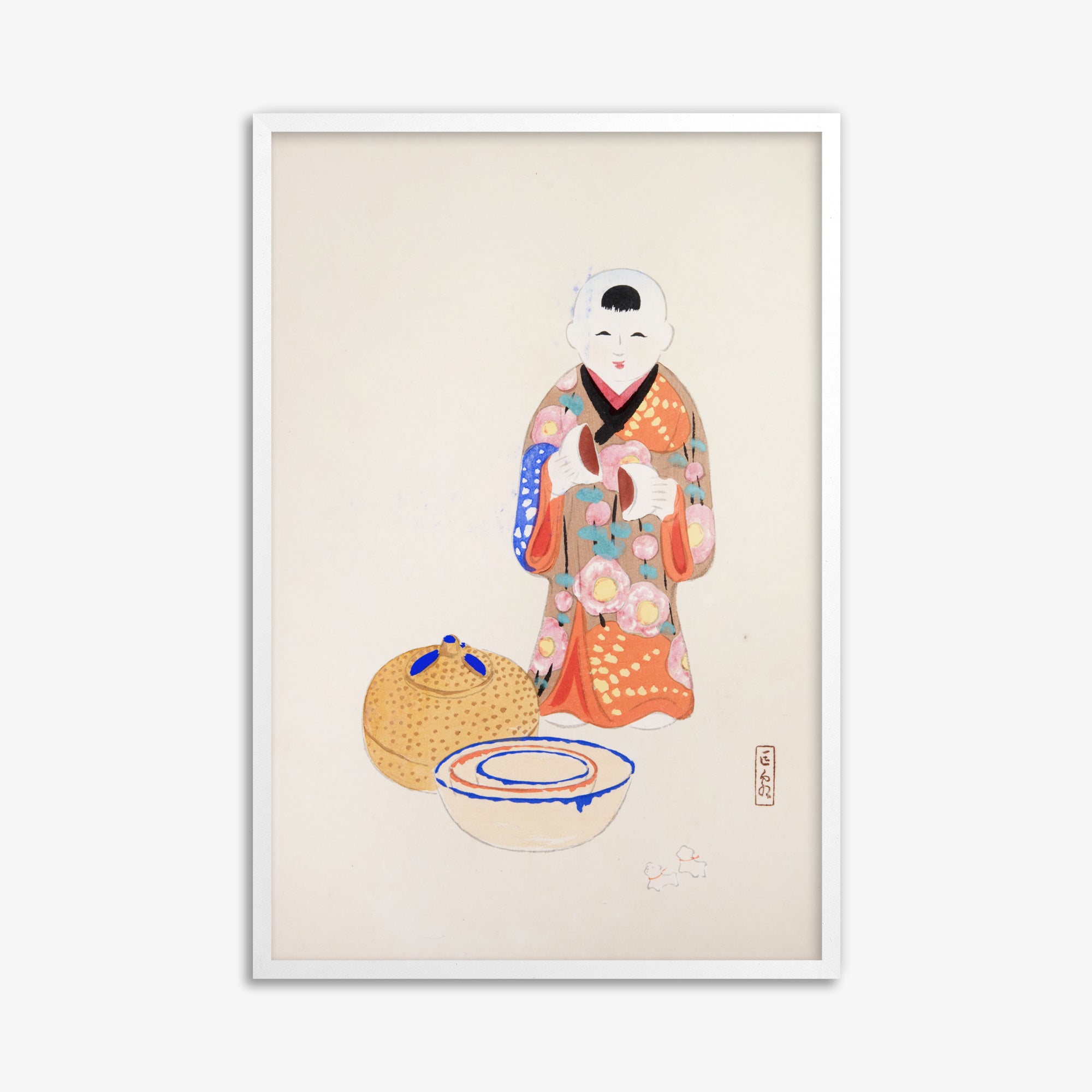 Kawasaki Kyosen: Kyosen’s Collected Illustrations of Japanese Toys Nr. 16 ("Serene Tea Ceremony"), 61x91cm Framed Art Reproduction With White Frame