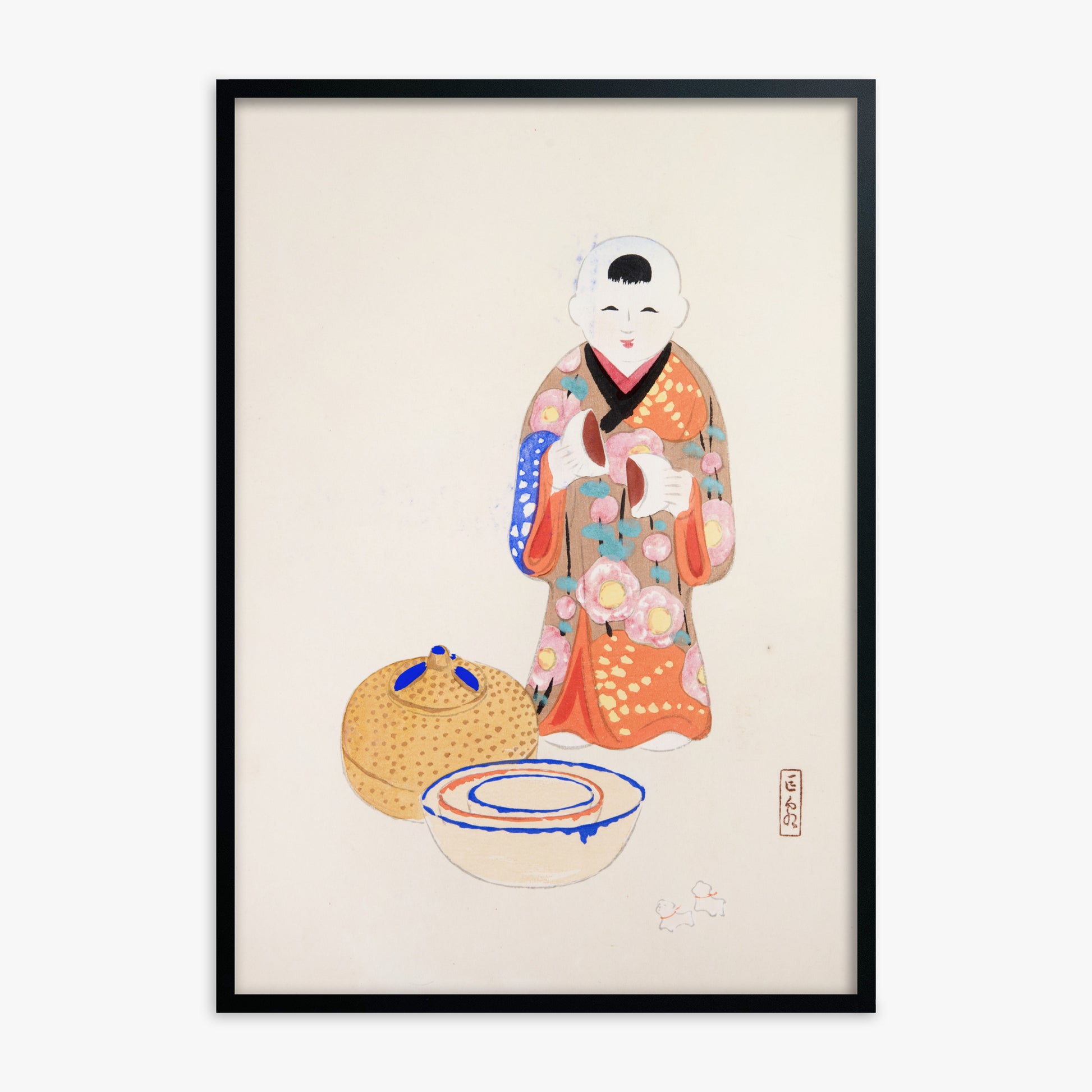 Kawasaki Kyosen: Kyosen’s Collected Illustrations of Japanese Toys Nr. 16 ("Serene Tea Ceremony"), Black Framed Art Reproduction With Black Frame