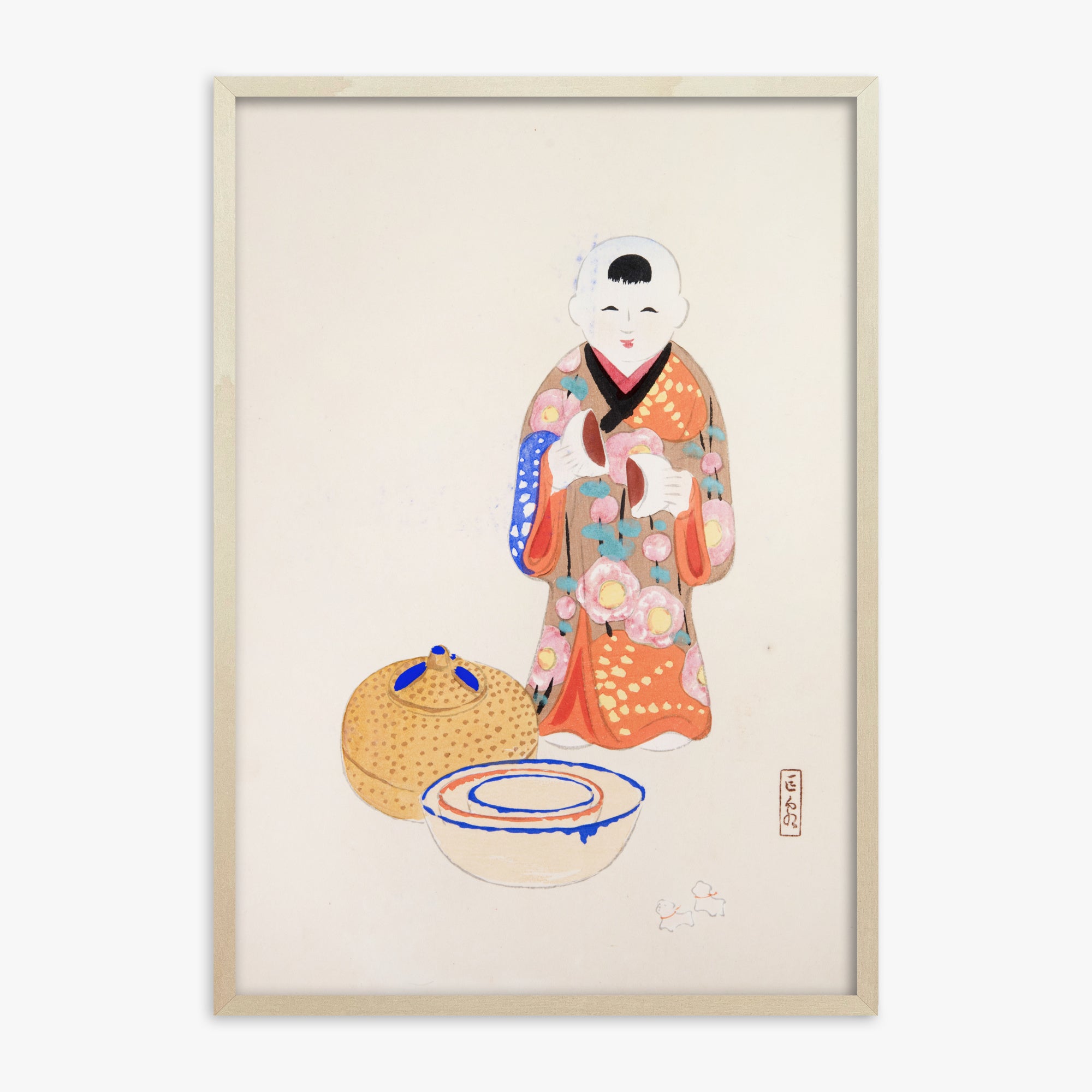 Kawasaki Kyosen: Kyosen’s Collected Illustrations of Japanese Toys Nr. 16 ("Serene Tea Ceremony"), 70x100cm Framed Art Reproduction With Lime Wood Frame