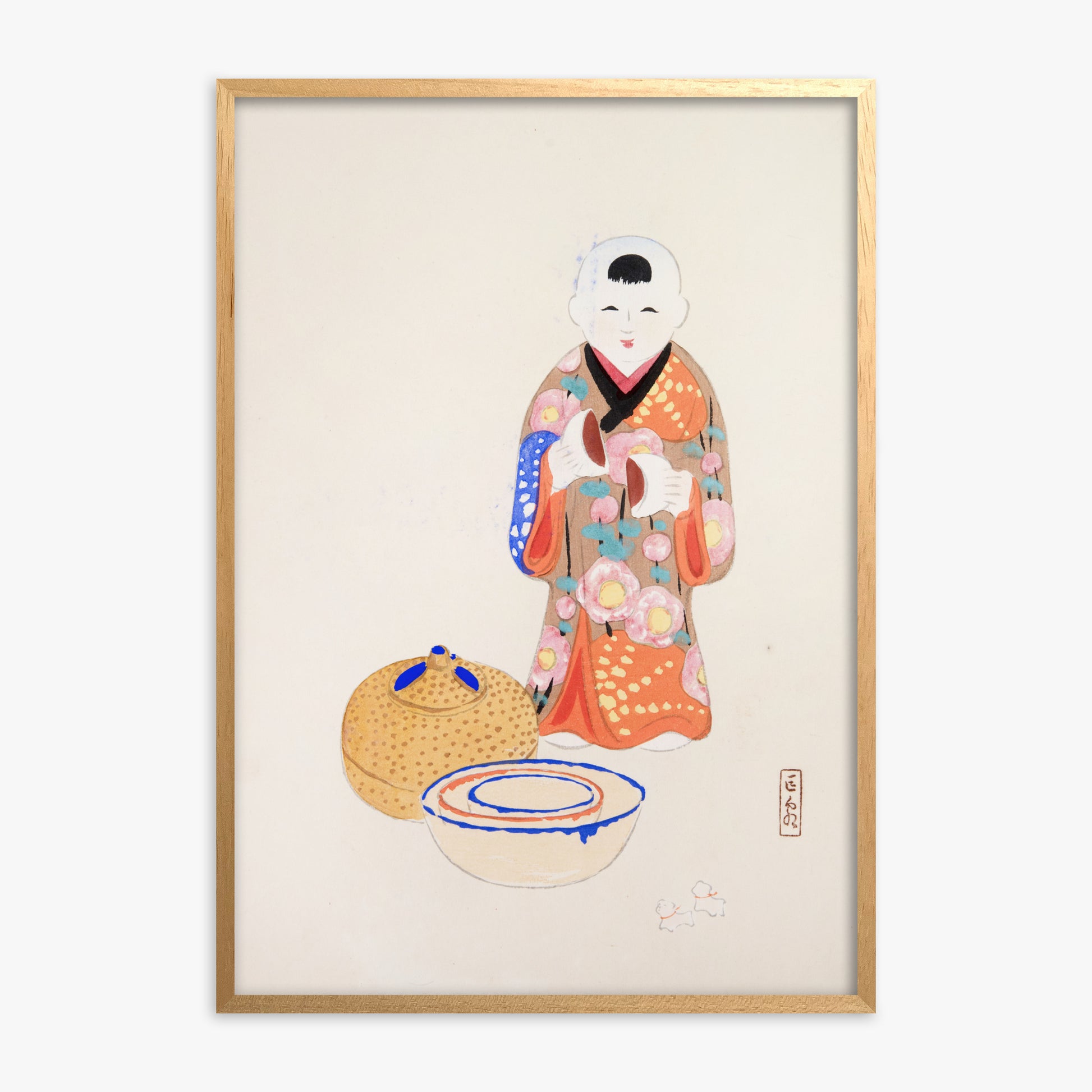 Kawasaki Kyosen: Kyosen’s Collected Illustrations of Japanese Toys Nr. 16 ("Serene Tea Ceremony"), Oak Framed Art Reproduction With Oak Frame