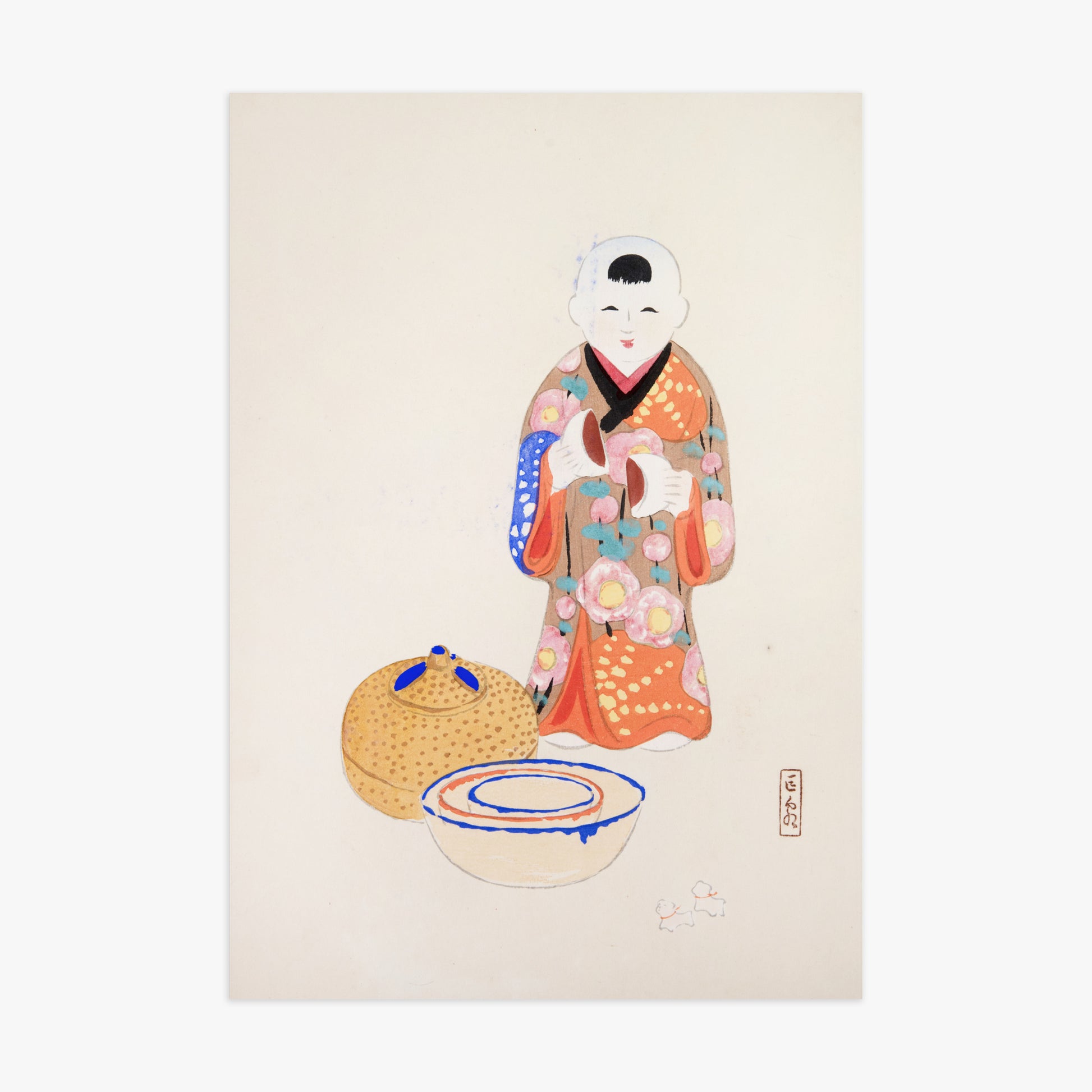 Kawasaki Kyosen: Kyosen’s Collected Illustrations of Japanese Toys Nr. 16 ("Serene Tea Ceremony"), 70x100cm Art Reproduction Unframed