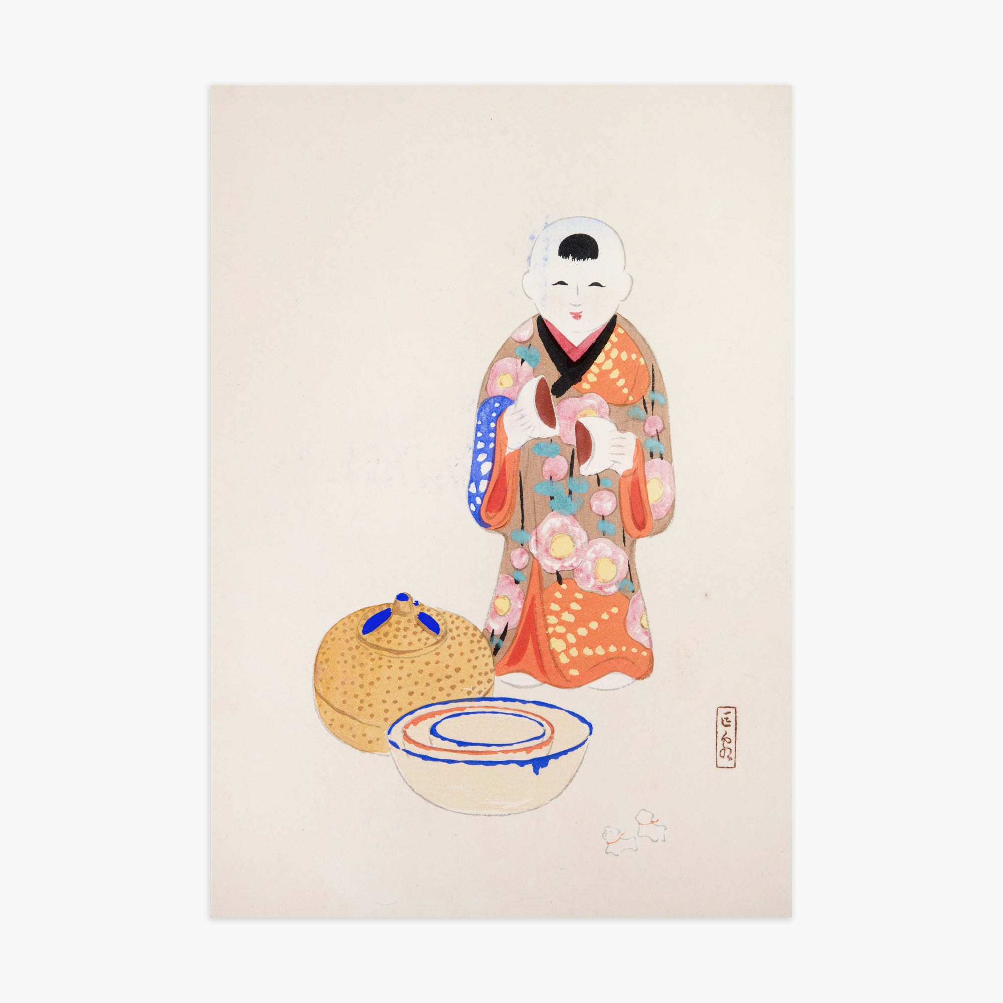 Kawasaki Kyosen: Kyosen’s Collected Illustrations of Japanese Toys Nr. 16 ("Serene Tea Ceremony"), 70x100cm Art Reproduction Unframed