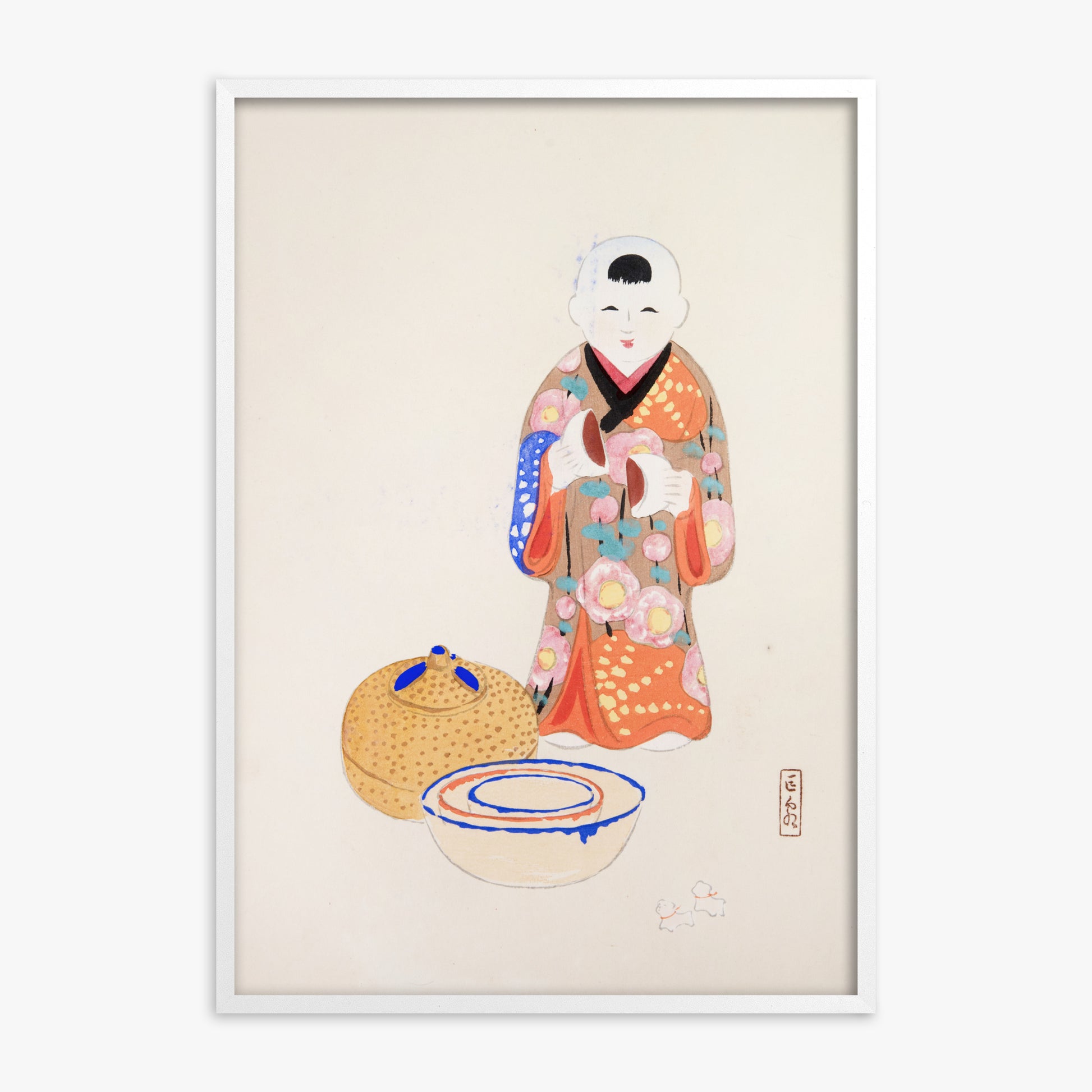 Kawasaki Kyosen: Kyosen’s Collected Illustrations of Japanese Toys Nr. 16 ("Serene Tea Ceremony"), White Framed Art Reproduction With White Frame