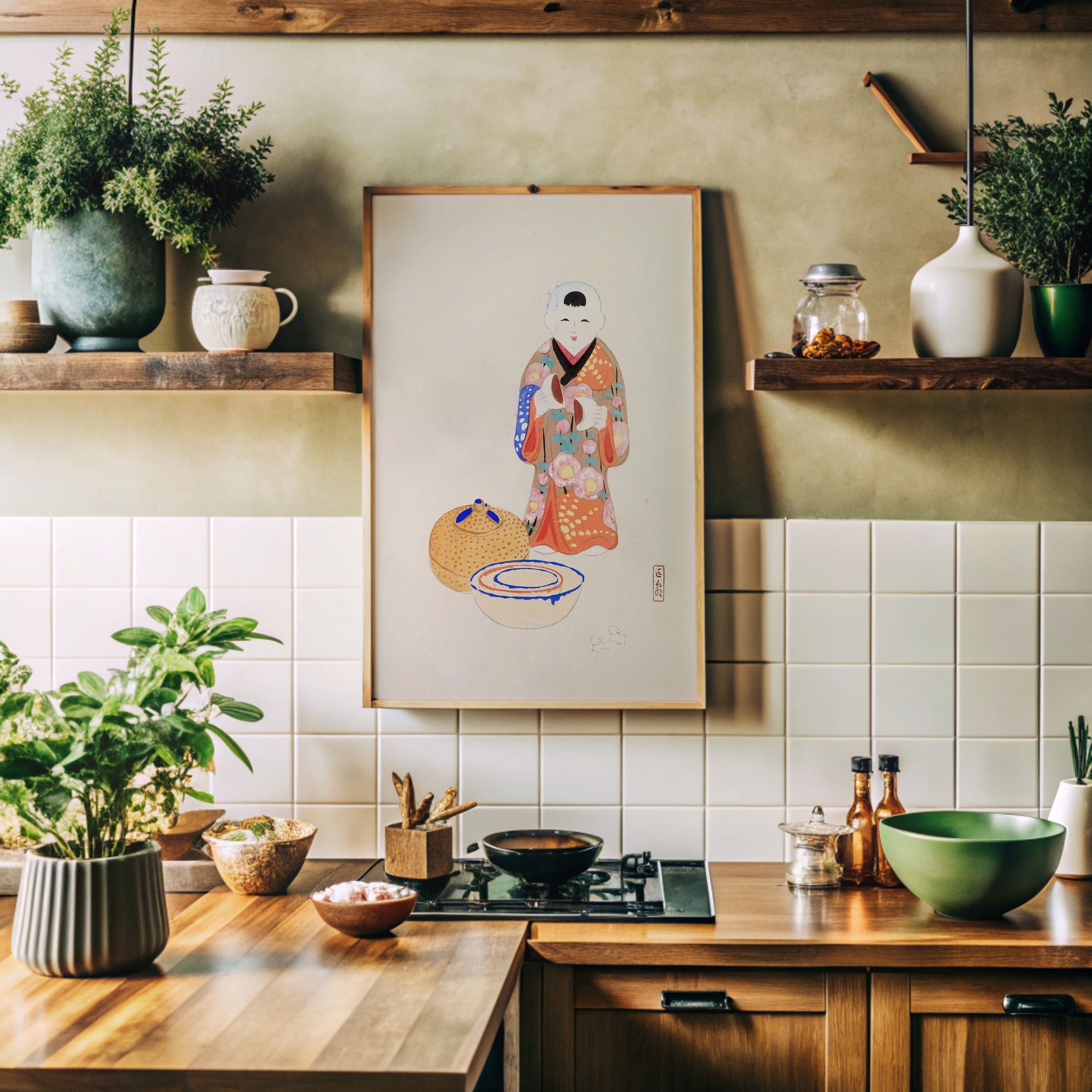 Design Concept No. 41 for Kawasaki Kyosen: Kyosen’s Collected Illustrations of Japanese Toys Nr. 16 ("Serene Tea Ceremony") Japanese Wall Art