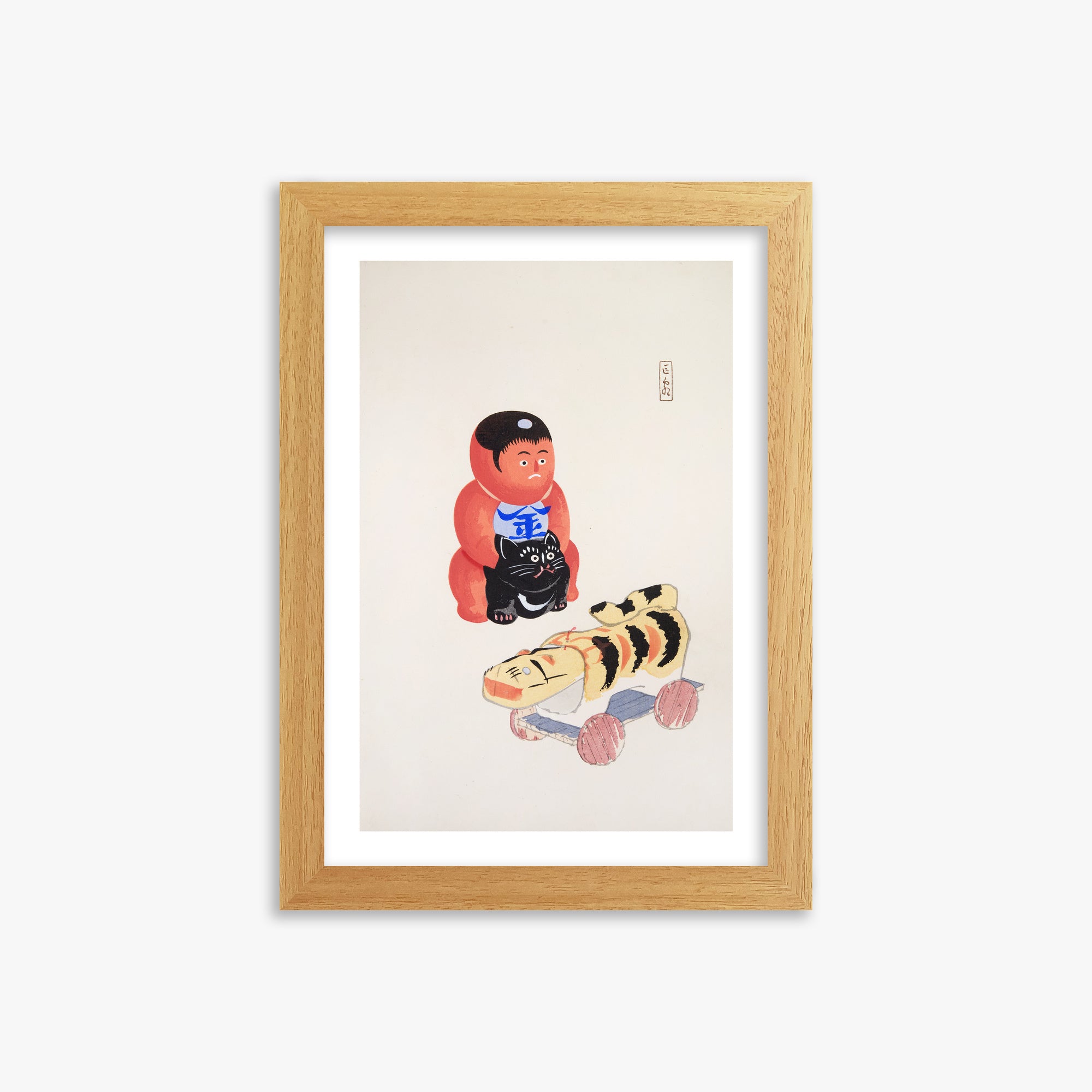 Kawasaki Kyosen: Kyosen’s Collected Illustrations of Japanese Toys Nr. 17 ("Mini Samurai"), 21x30cm Framed Art Reproduction With Oak Frame