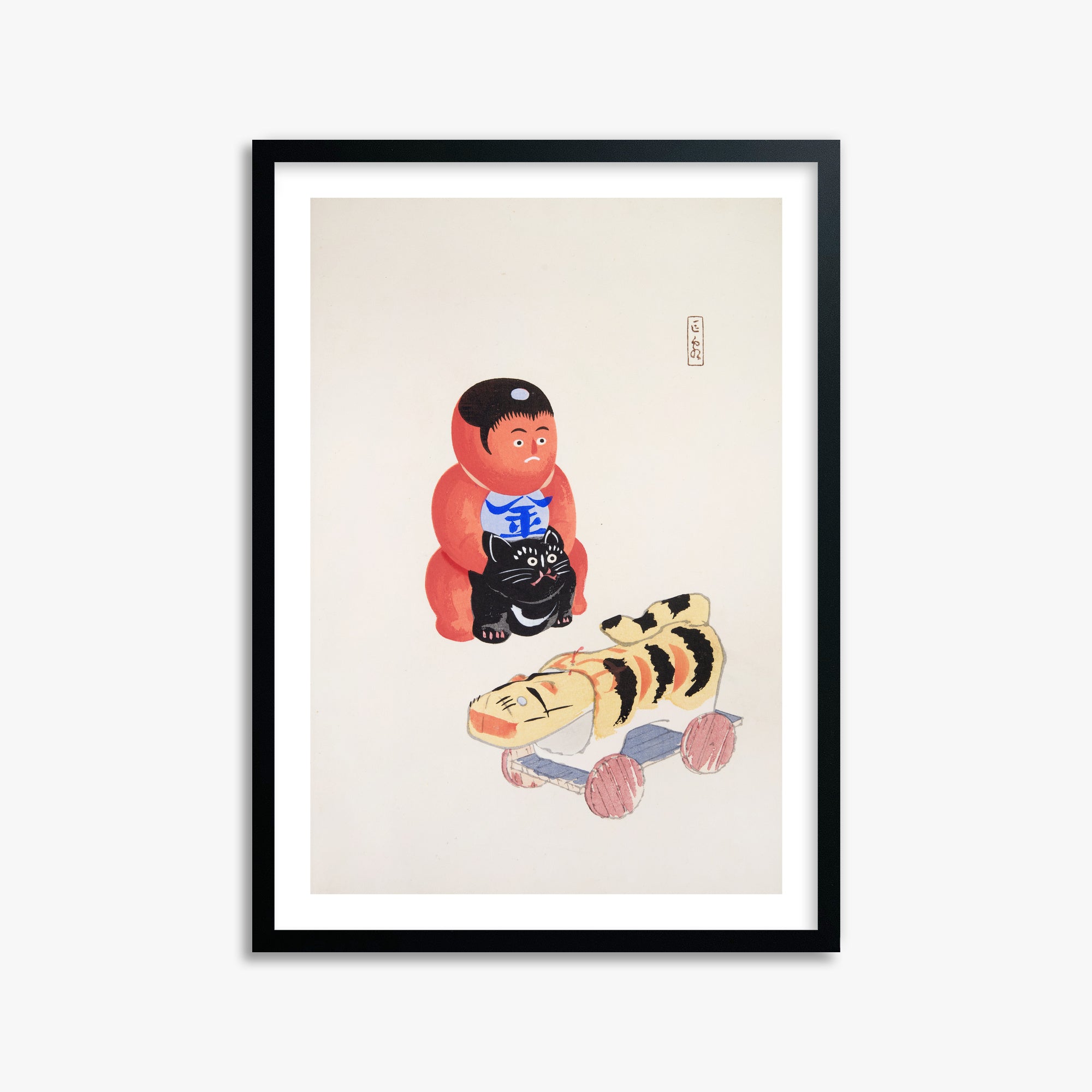 Kawasaki Kyosen: Kyosen’s Collected Illustrations of Japanese Toys Nr. 17 ("Mini Samurai"), 50x70cm Framed Art Reproduction With Black Frame