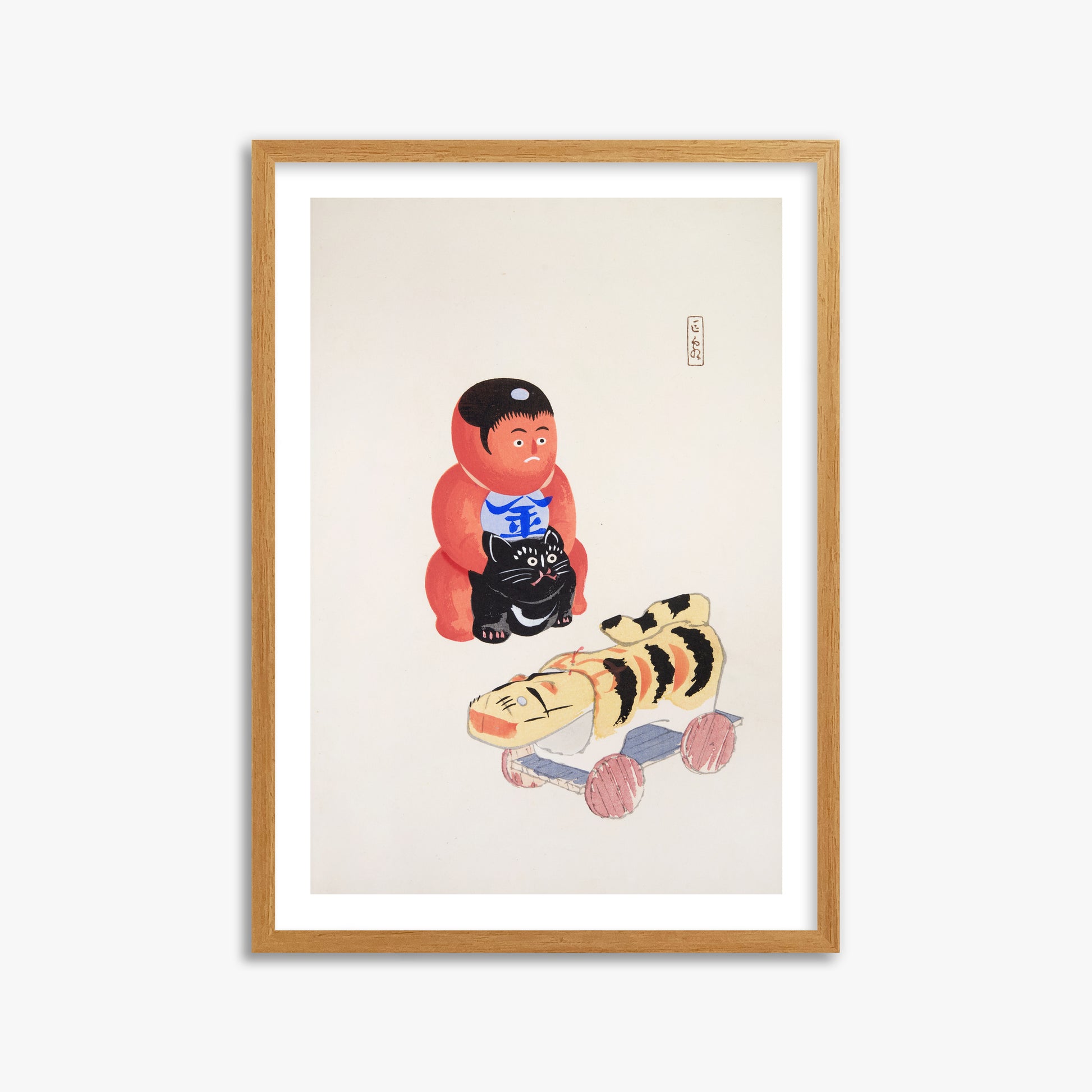 Kawasaki Kyosen: Kyosen’s Collected Illustrations of Japanese Toys Nr. 17 ("Mini Samurai"), 50x70cm Framed Art Reproduction With Oak Frame