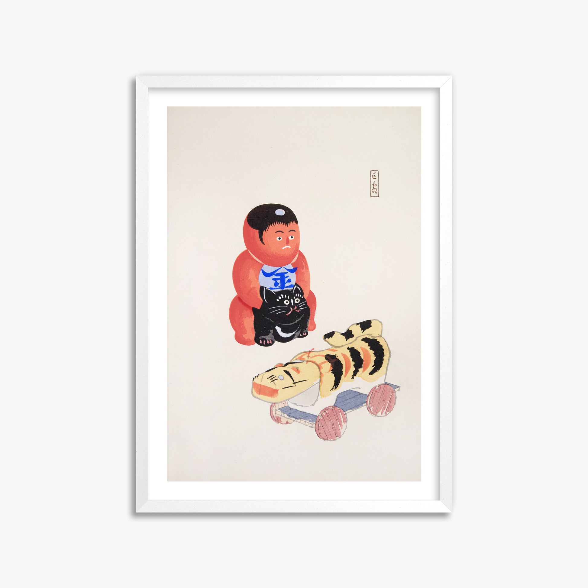 Kawasaki Kyosen: Kyosen’s Collected Illustrations of Japanese Toys Nr. 17 ("Mini Samurai"), 50x70cm Framed Art Reproduction With White Frame
