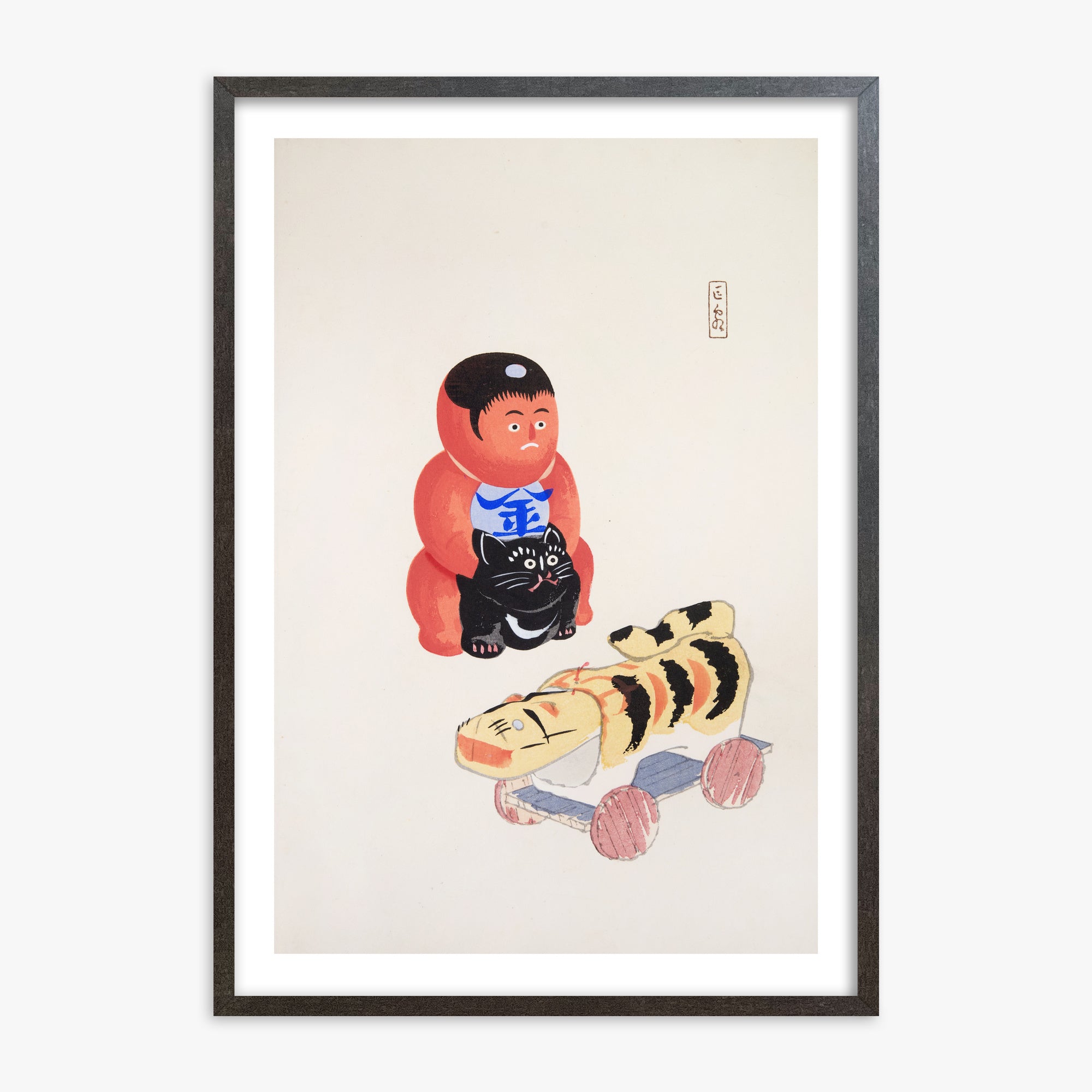 Kawasaki Kyosen: Kyosen’s Collected Illustrations of Japanese Toys Nr. 17 ("Mini Samurai"), 70x100cm Framed Art Reproduction With Espresso Frame
