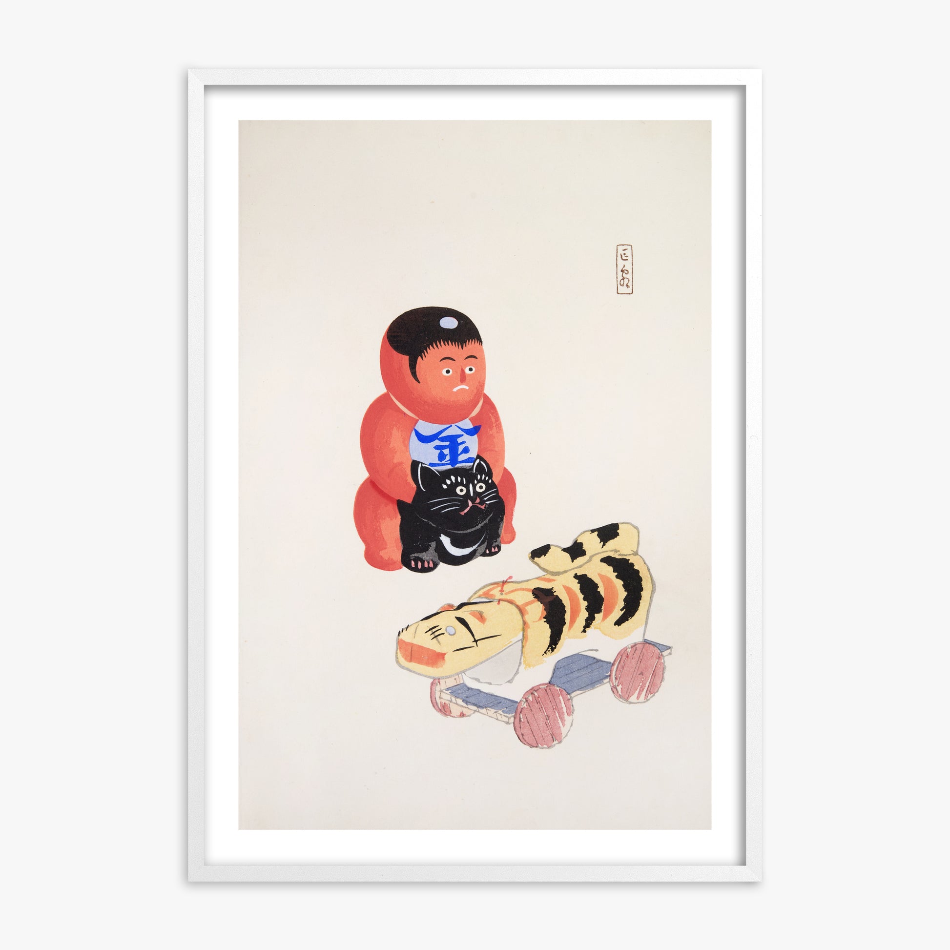 Kawasaki Kyosen: Kyosen’s Collected Illustrations of Japanese Toys Nr. 17 ("Mini Samurai"), 70x100cm Framed Art Reproduction With White Frame