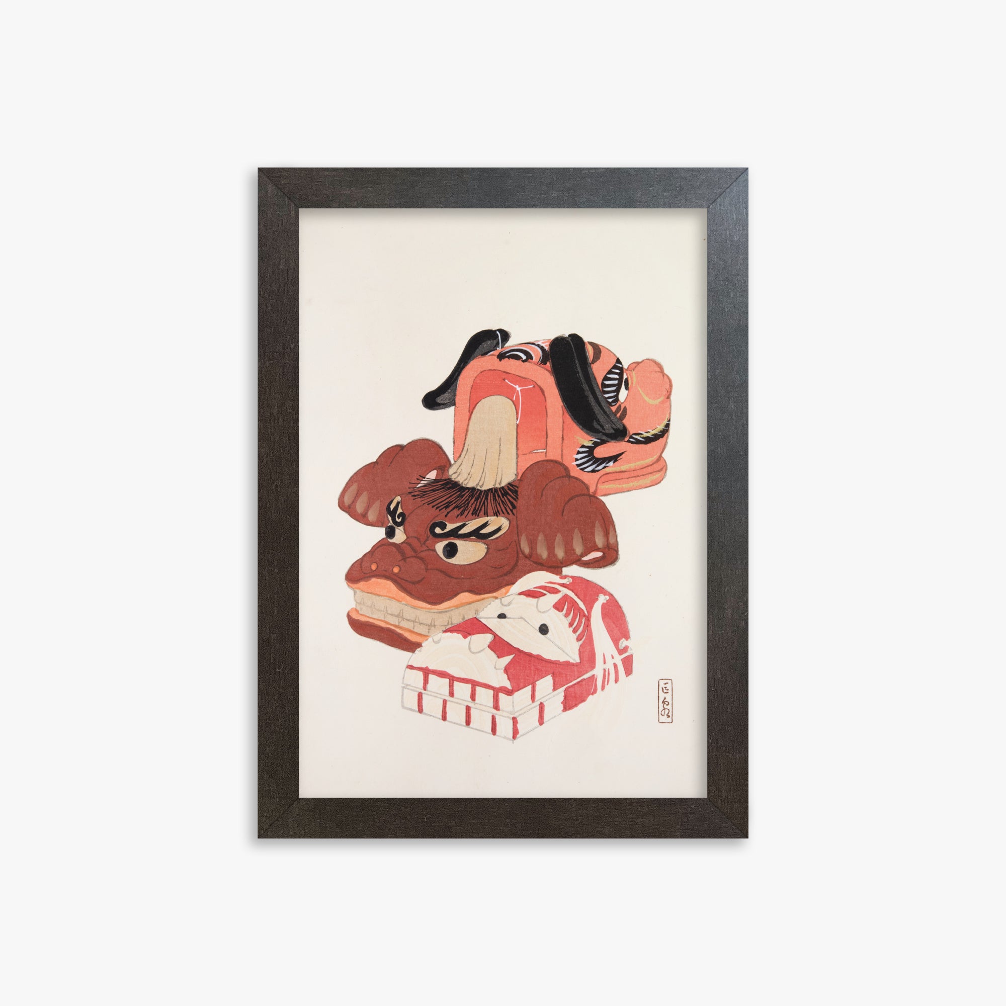 Kawasaki Kyosen: Kyosen’s Collected Illustrations of Japanese Toys Nr. 18 ("Ancient Spirit Guardians"), 21x30cm Framed Art Reproduction With Espresso Frame