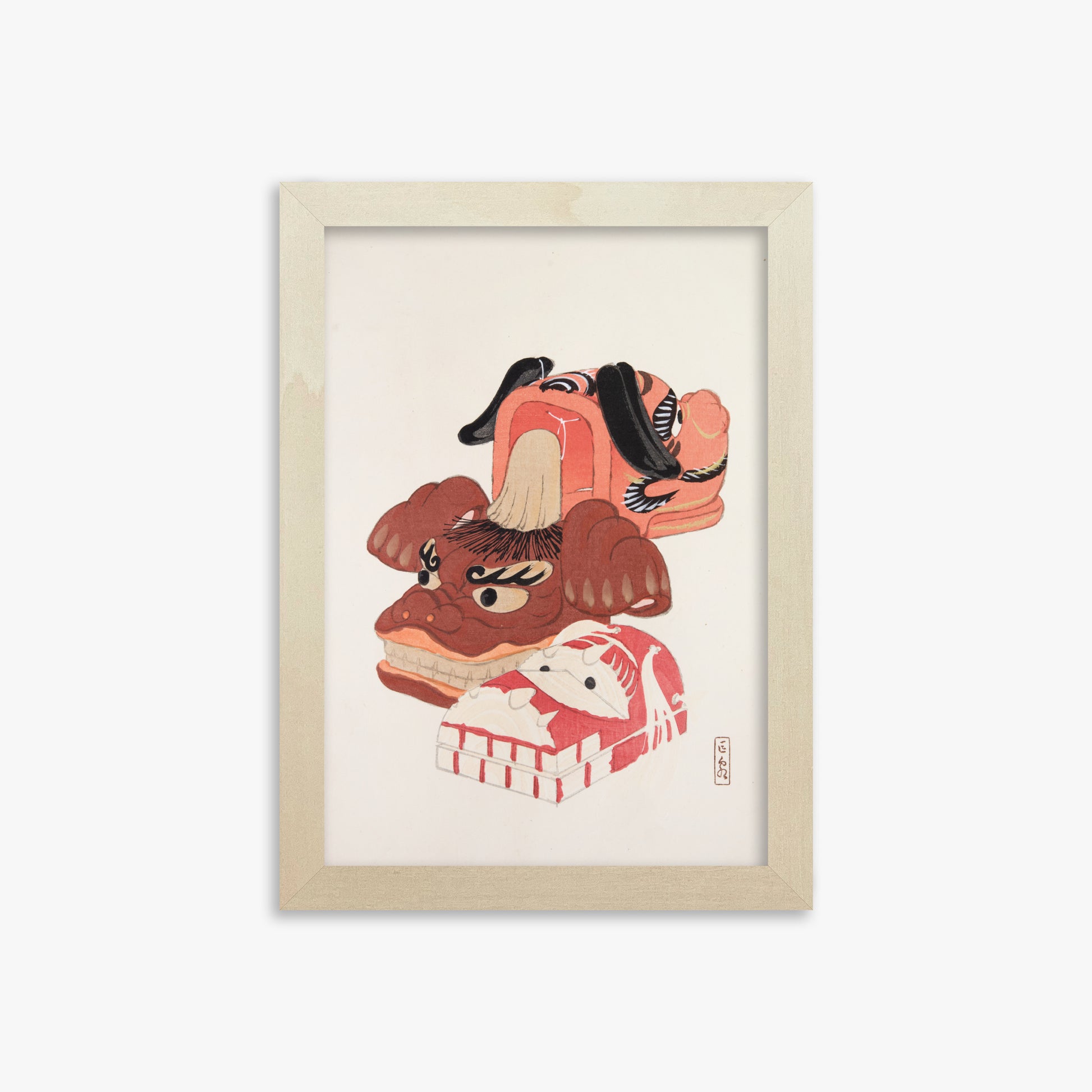 Kawasaki Kyosen: Kyosen’s Collected Illustrations of Japanese Toys Nr. 18 ("Ancient Spirit Guardians"), 21x30cm Framed Art Reproduction With Lime Wood Frame