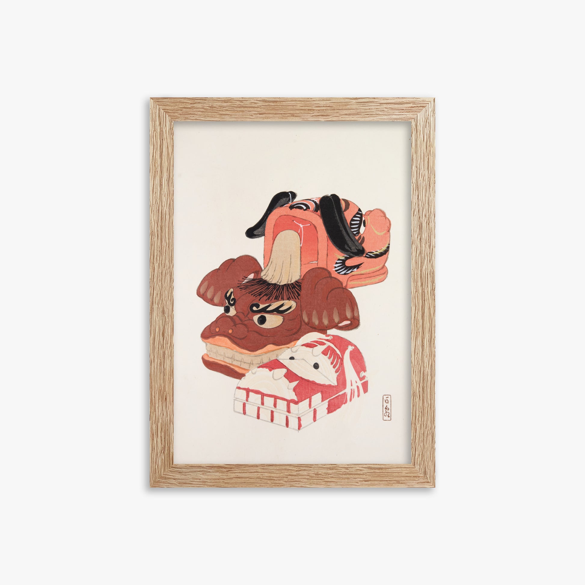 Kawasaki Kyosen: Kyosen’s Collected Illustrations of Japanese Toys Nr. 18 ("Ancient Spirit Guardians"), 21x30cm Framed Art Reproduction With Raw Oak Frame