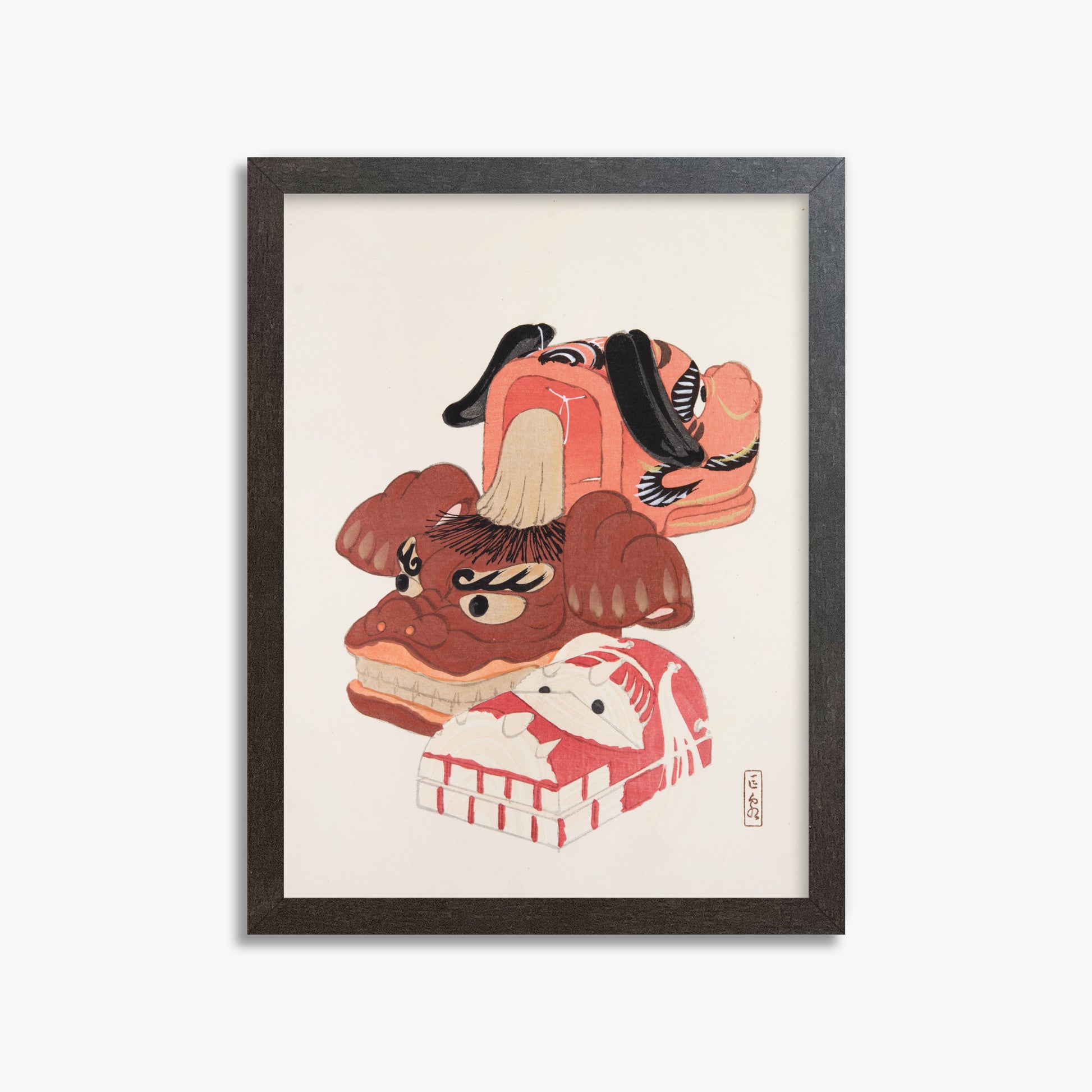 Kawasaki Kyosen: Kyosen’s Collected Illustrations of Japanese Toys Nr. 18 ("Ancient Spirit Guardians"), 30x40cm Framed Art Reproduction With Espresso Frame