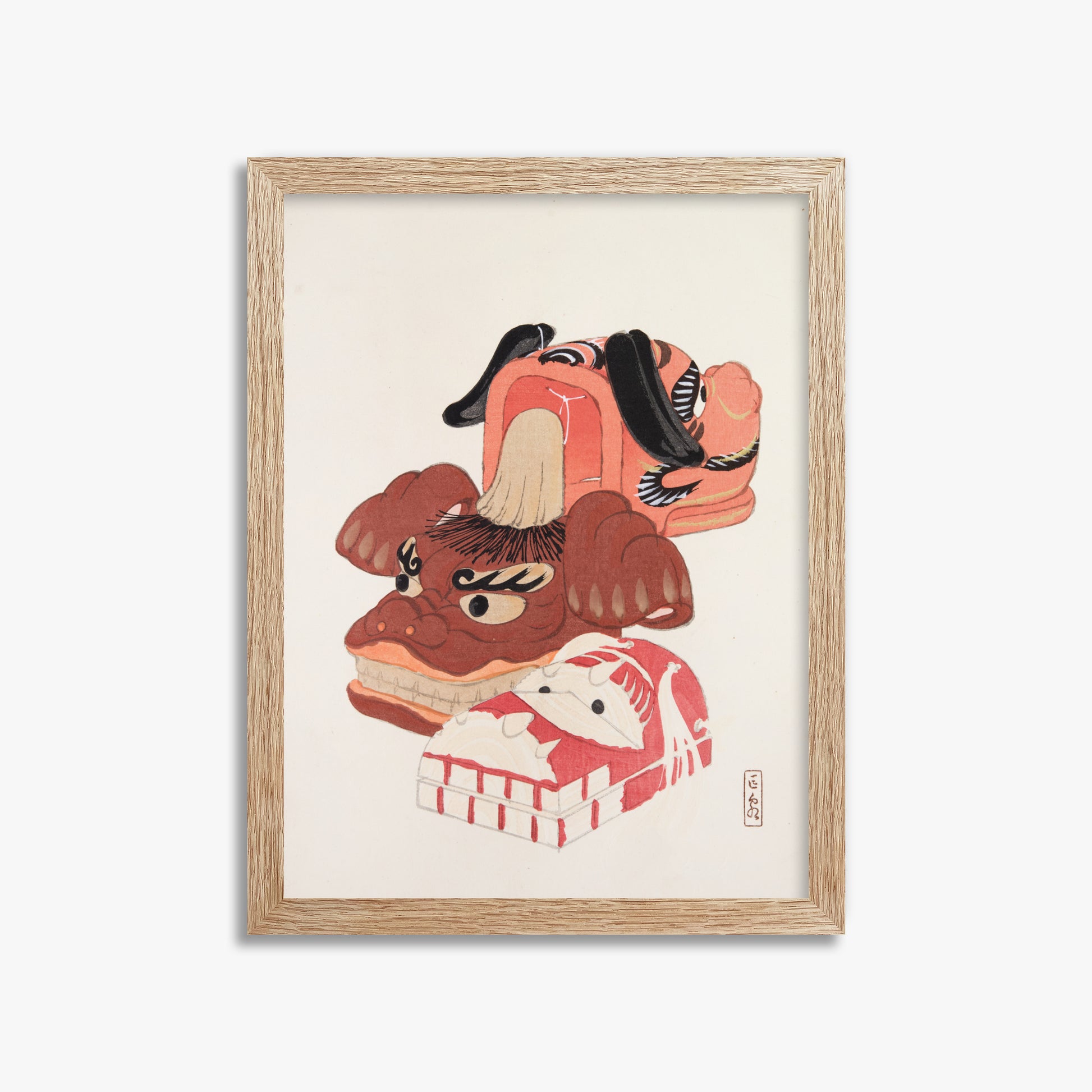 Kawasaki Kyosen: Kyosen’s Collected Illustrations of Japanese Toys Nr. 18 ("Ancient Spirit Guardians"), 30x40cm Framed Art Reproduction With Raw Oak Frame