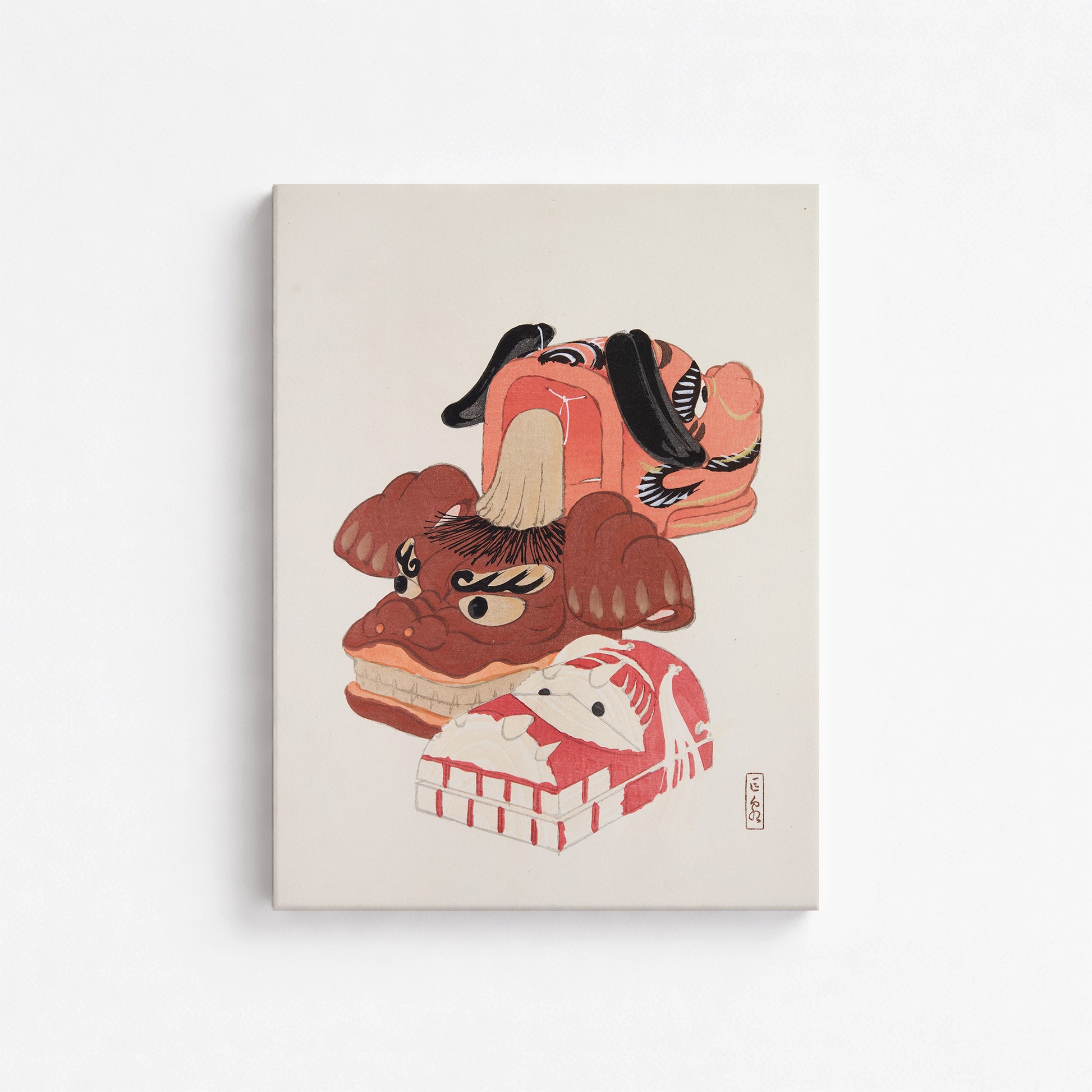 Kawasaki Kyosen: Kyosen’s Collected Illustrations of Japanese Toys Nr. 18 ("Ancient Spirit Guardians"), 30x40cm Satin Canvas Art Reproduction