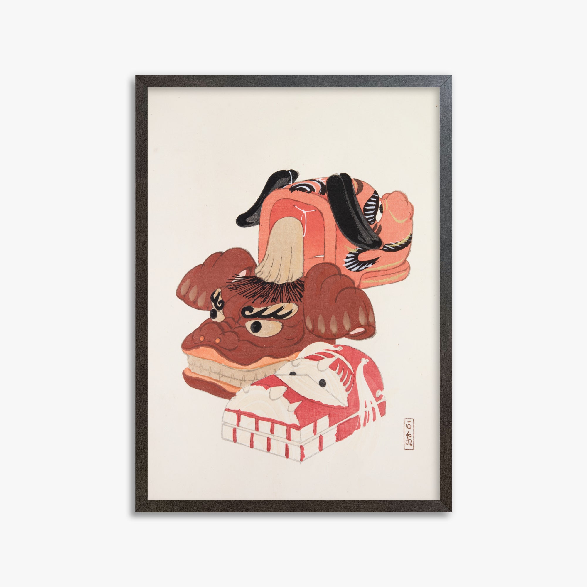 Kawasaki Kyosen: Kyosen’s Collected Illustrations of Japanese Toys Nr. 18 ("Ancient Spirit Guardians"), 50x70cm Framed Art Reproduction With Espresso Frame