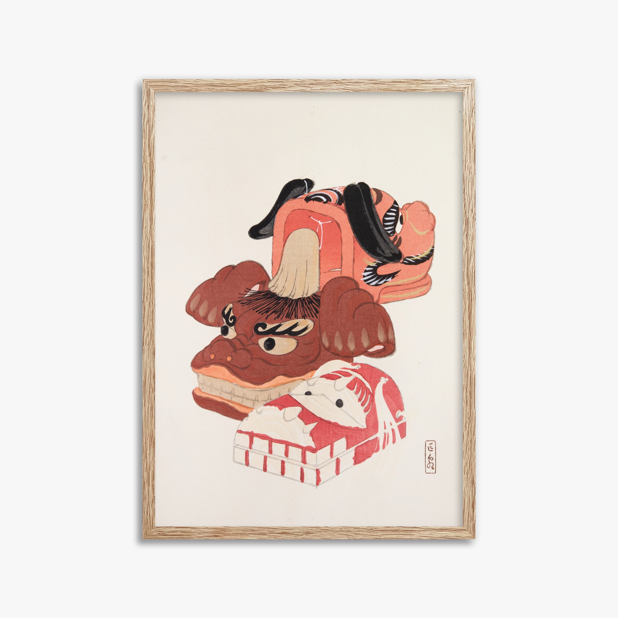 Kawasaki Kyosen: Kyosen’s Collected Illustrations of Japanese Toys Nr. 18 ("Ancient Spirit Guardians"), 50x70cm Framed Art Reproduction With Raw Oak Frame