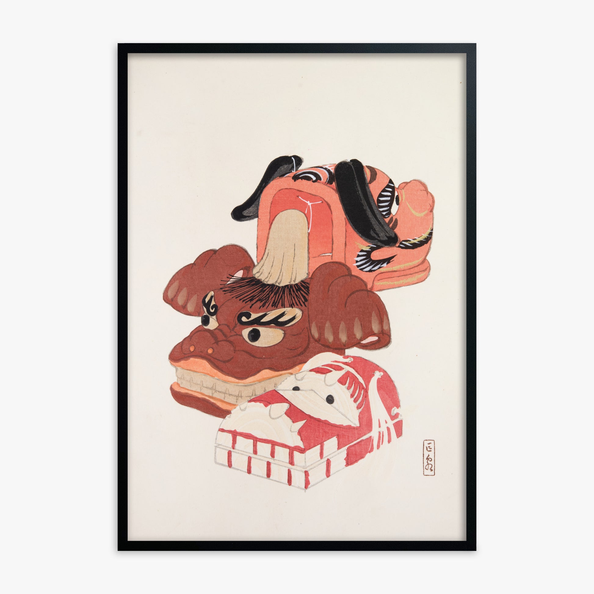 Kawasaki Kyosen: Kyosen’s Collected Illustrations of Japanese Toys Nr. 18 ("Ancient Spirit Guardians"), Black Framed Art Reproduction With Black Frame