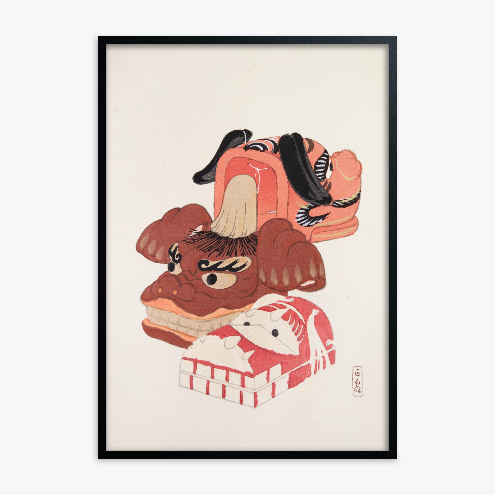 Kawasaki Kyosen: Kyosen’s Collected Illustrations of Japanese Toys Nr. 18 ("Ancient Spirit Guardians"), Black Framed Art Reproduction With Black Frame