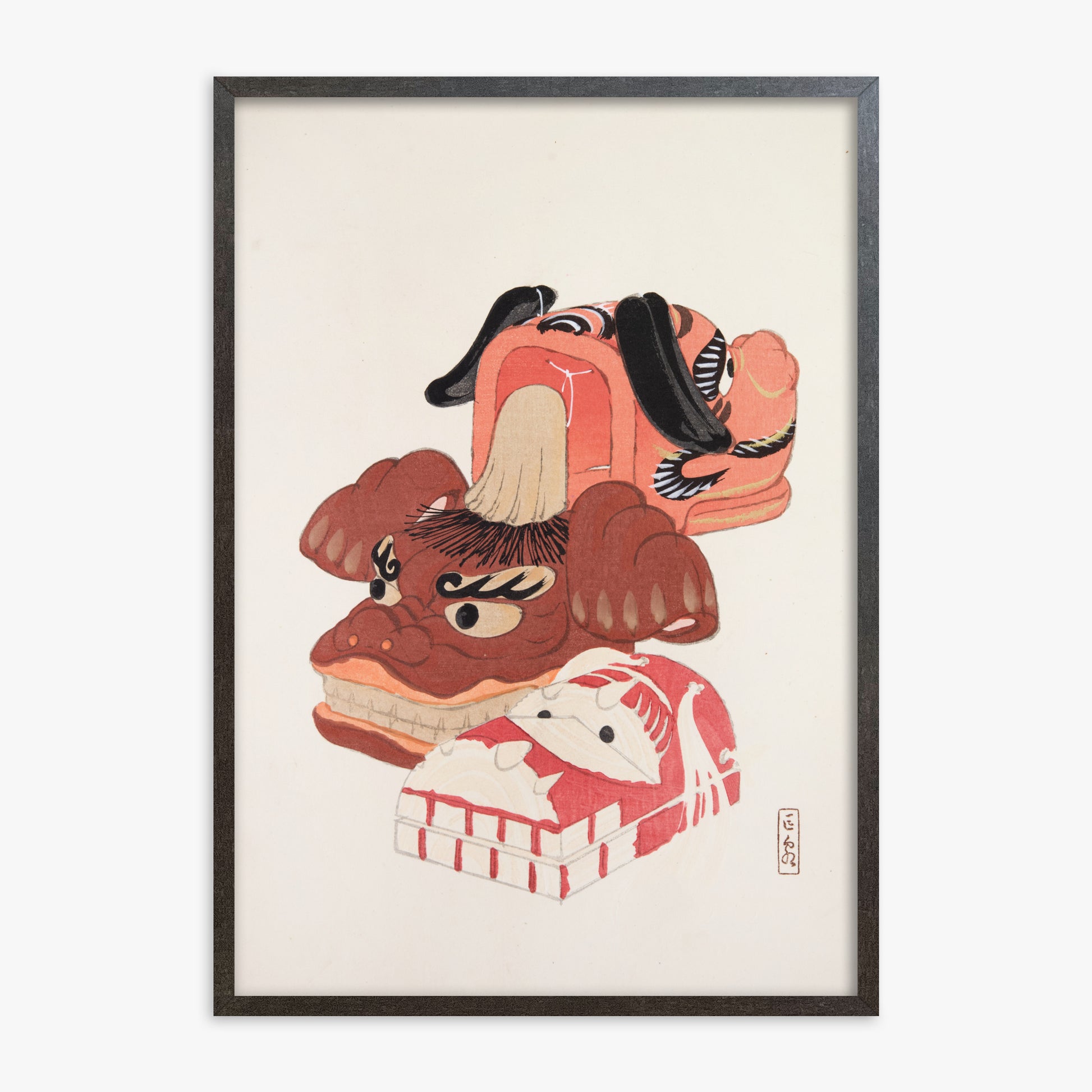 Kawasaki Kyosen: Kyosen’s Collected Illustrations of Japanese Toys Nr. 18 ("Ancient Spirit Guardians"), 70x100cm Framed Art Reproduction With Espresso Frame