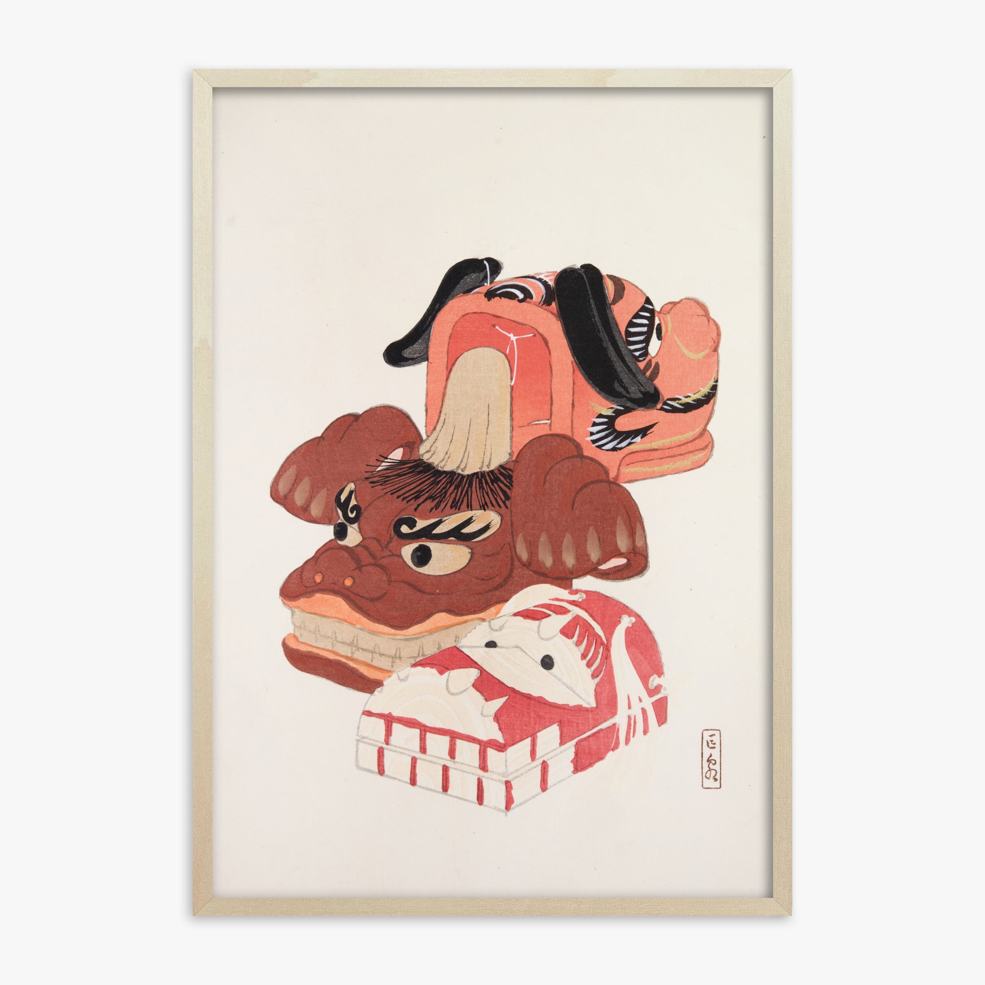 Kawasaki Kyosen: Kyosen’s Collected Illustrations of Japanese Toys Nr. 18 ("Ancient Spirit Guardians"), 70x100cm Framed Art Reproduction With Lime Wood Frame