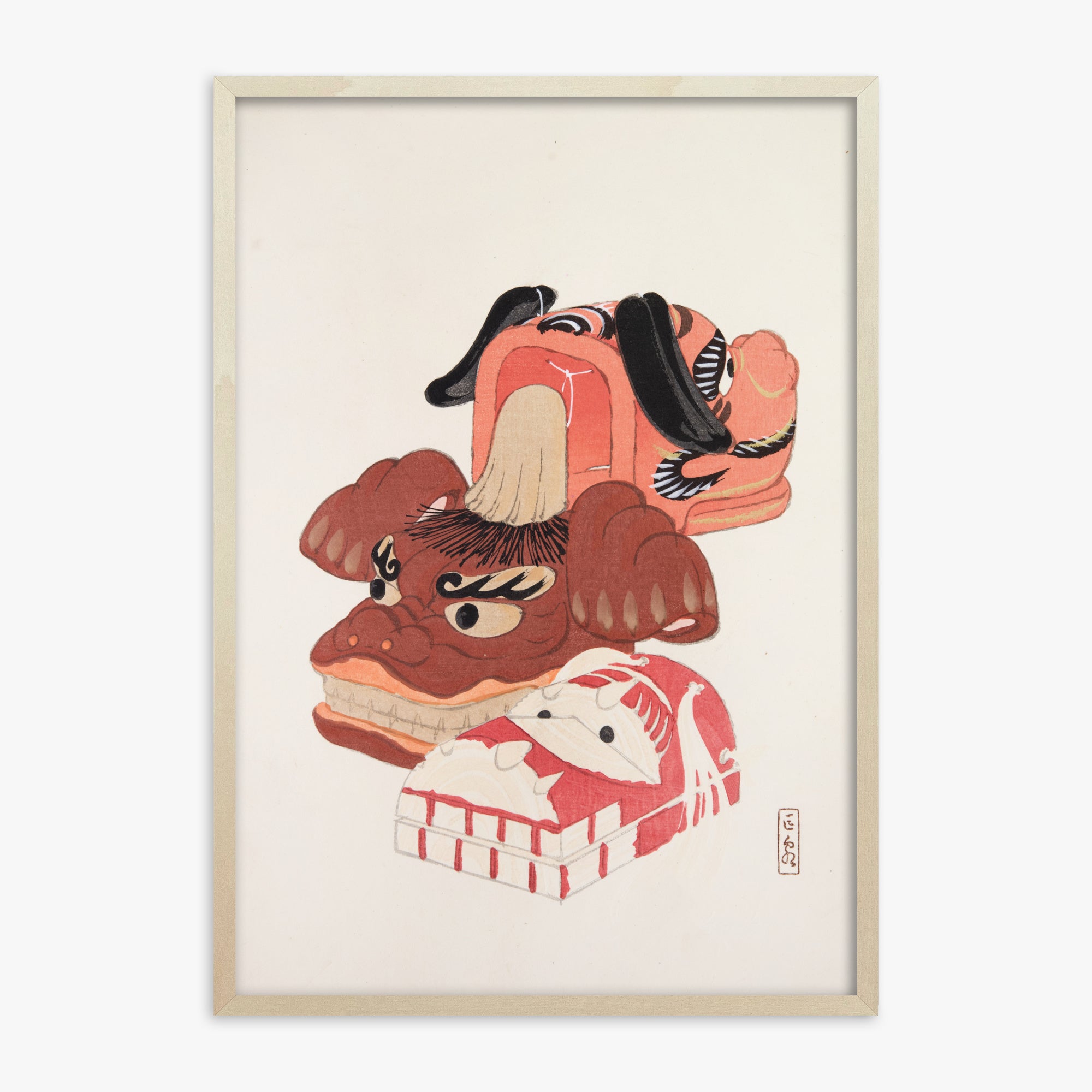Kawasaki Kyosen: Kyosen’s Collected Illustrations of Japanese Toys Nr. 18 ("Ancient Spirit Guardians"), 70x100cm Framed Art Reproduction With Lime Wood Frame