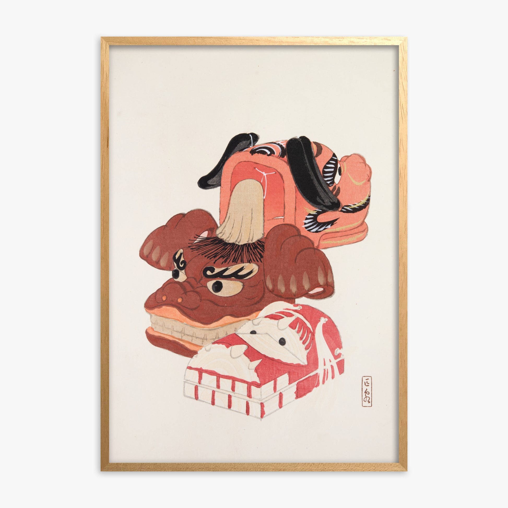 Kawasaki Kyosen: Kyosen’s Collected Illustrations of Japanese Toys Nr. 18 ("Ancient Spirit Guardians"), Oak Framed Art Reproduction With Oak Frame