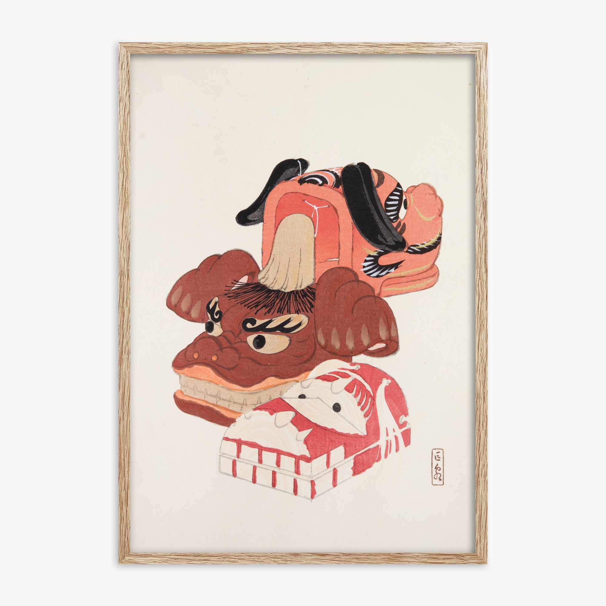 Kawasaki Kyosen: Kyosen’s Collected Illustrations of Japanese Toys Nr. 18 ("Ancient Spirit Guardians"), 70x100cm Framed Art Reproduction With Raw Oak Frame