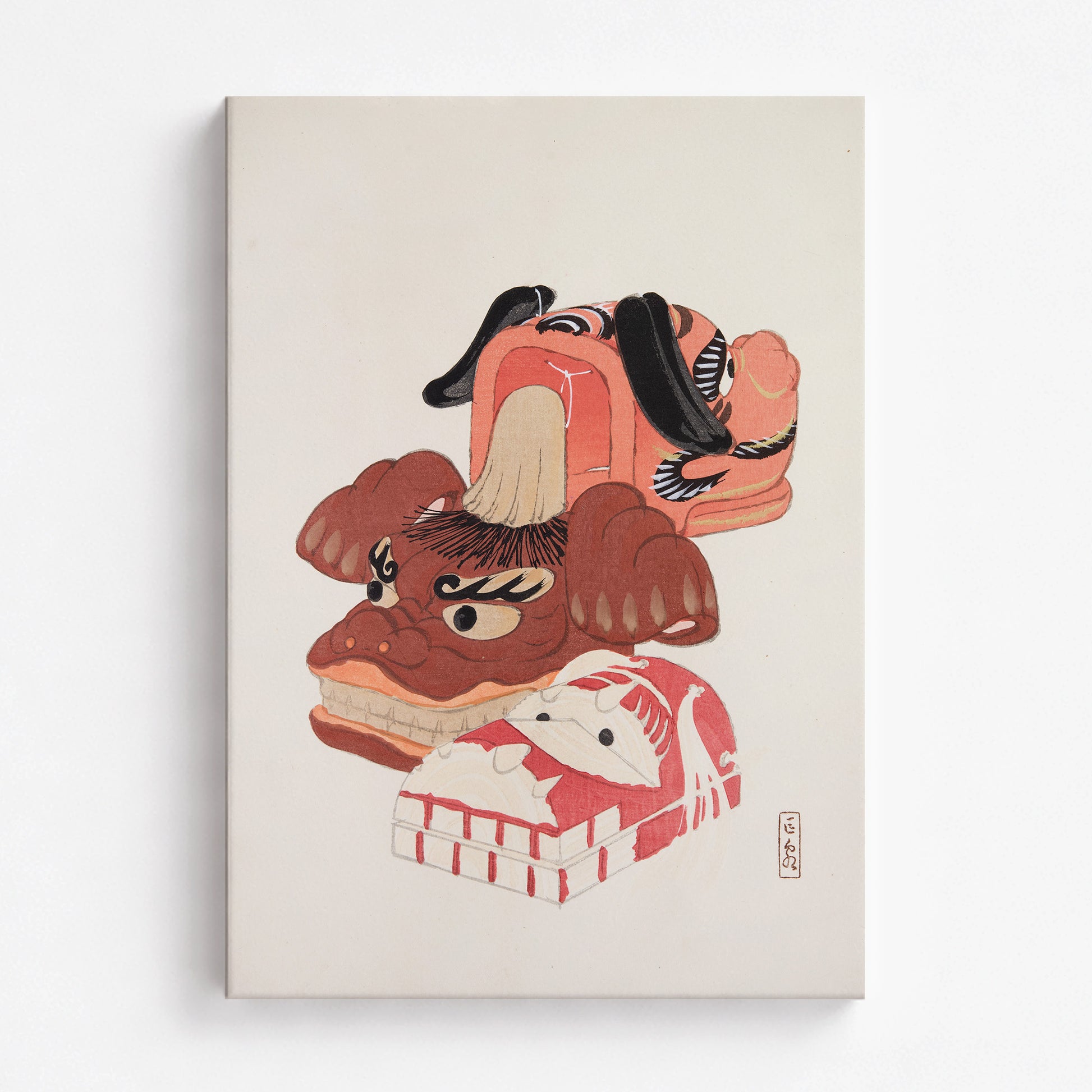 Kawasaki Kyosen: Kyosen’s Collected Illustrations of Japanese Toys Nr. 18 ("Ancient Spirit Guardians"), 70x100cm Satin Canvas Art Reproduction
