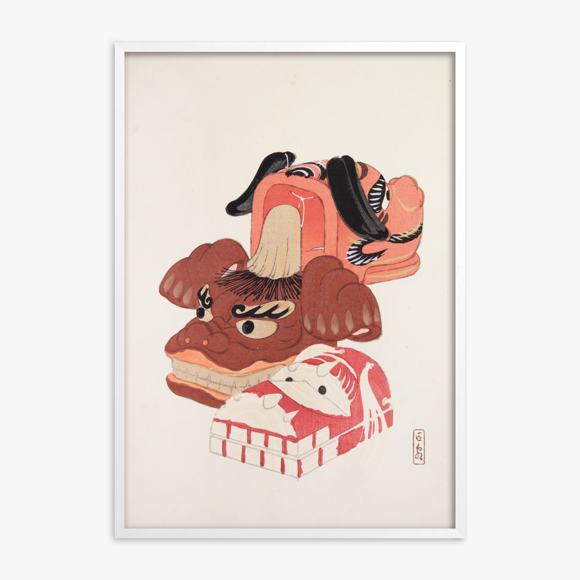 Kawasaki Kyosen: Kyosen’s Collected Illustrations of Japanese Toys Nr. 18 ("Ancient Spirit Guardians"), White Framed Art Reproduction With White Frame