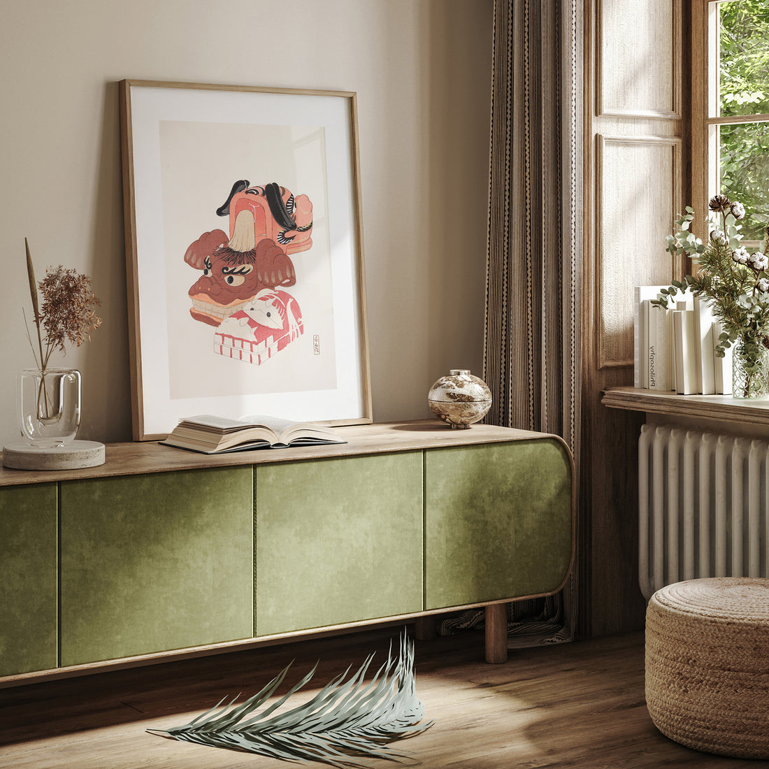 Kawasaki Kyosen: Kyosen’s Collected Illustrations of Japanese Toys Nr. 18 ("Ancient Spirit Guardians"), 50x70cm Framed Art Reproduction With Black Frame