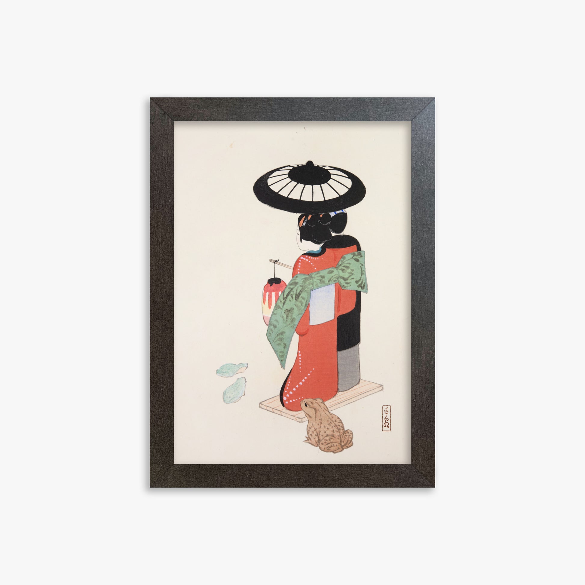Kawasaki Kyosen: Kyosen’s Collected Illustrations of Japanese Toys Nr. 20 ("Serene Geisha Garden"), 21x30cm Framed Art Reproduction With Espresso Frame