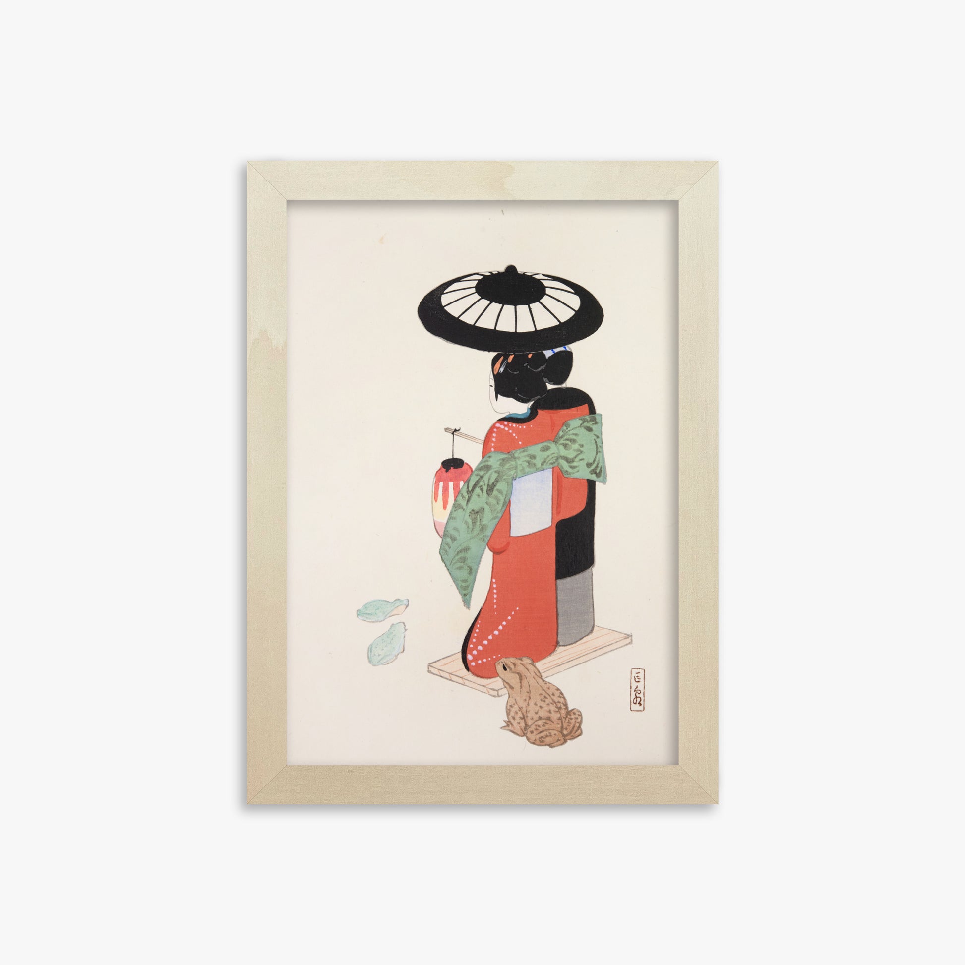 Kawasaki Kyosen: Kyosen’s Collected Illustrations of Japanese Toys Nr. 20 ("Serene Geisha Garden"), 21x30cm Framed Art Reproduction With Lime Wood Frame