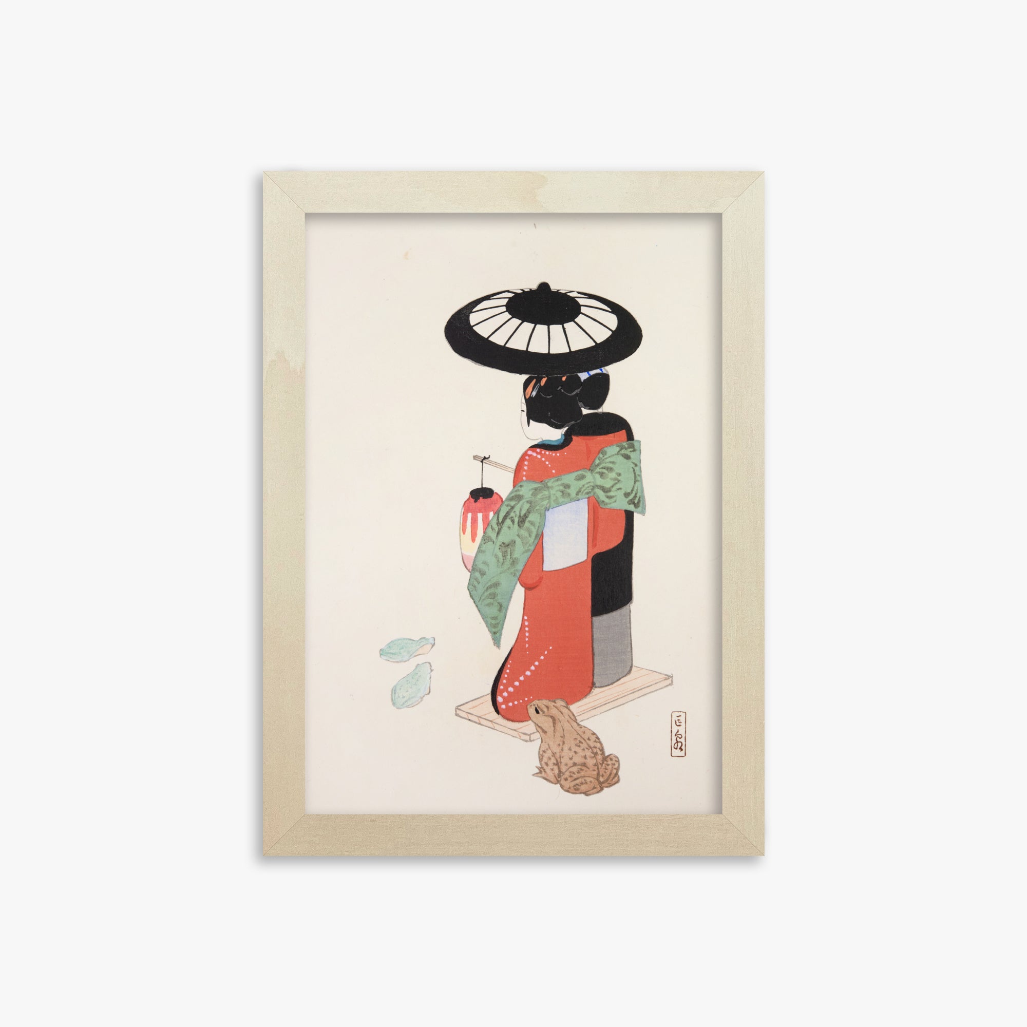 Kawasaki Kyosen: Kyosen’s Collected Illustrations of Japanese Toys Nr. 20 ("Serene Geisha Garden"), 21x30cm Framed Art Reproduction With Lime Wood Frame