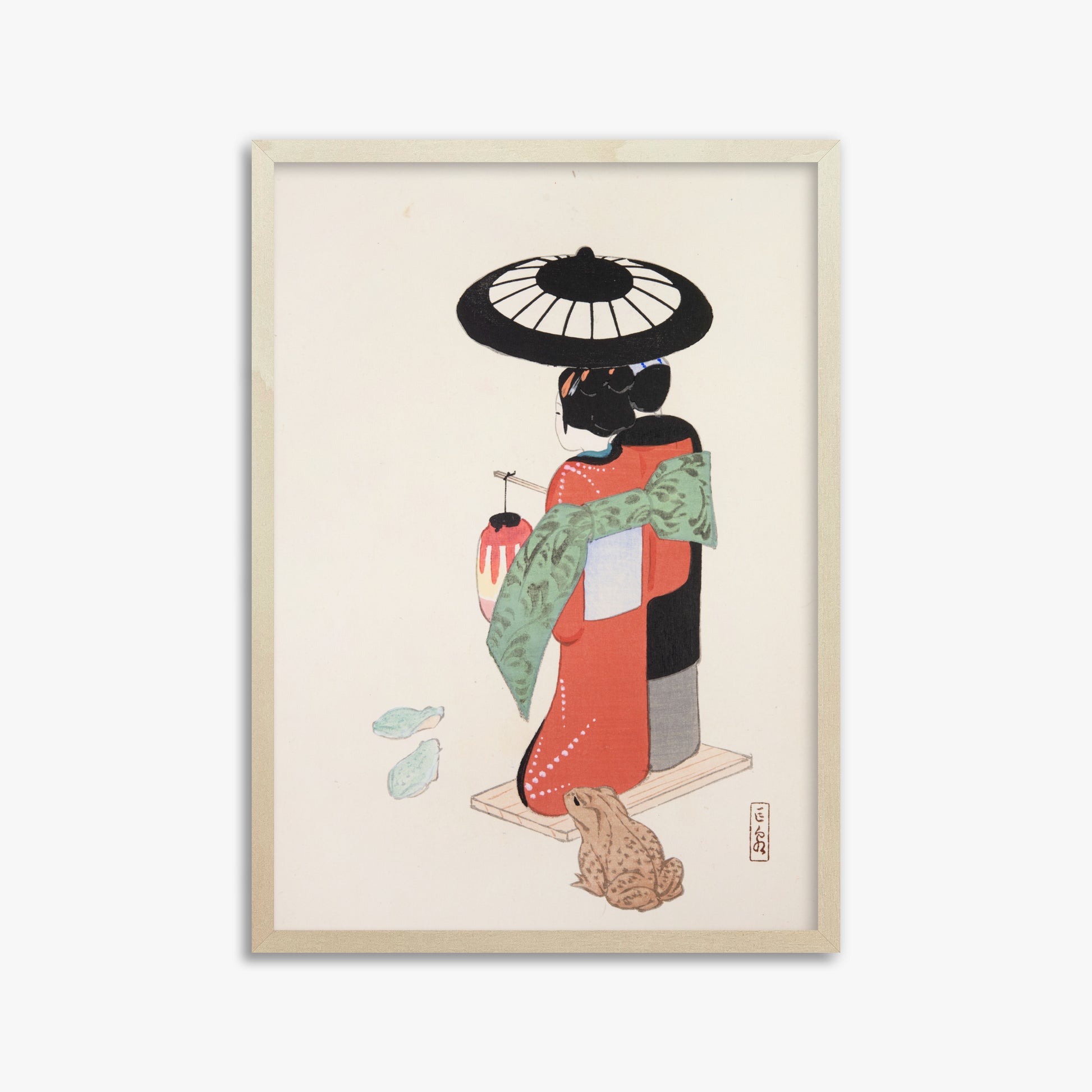 Kawasaki Kyosen: Kyosen’s Collected Illustrations of Japanese Toys Nr. 20 ("Serene Geisha Garden"), 50x70cm Framed Art Reproduction With Lime Wood Frame