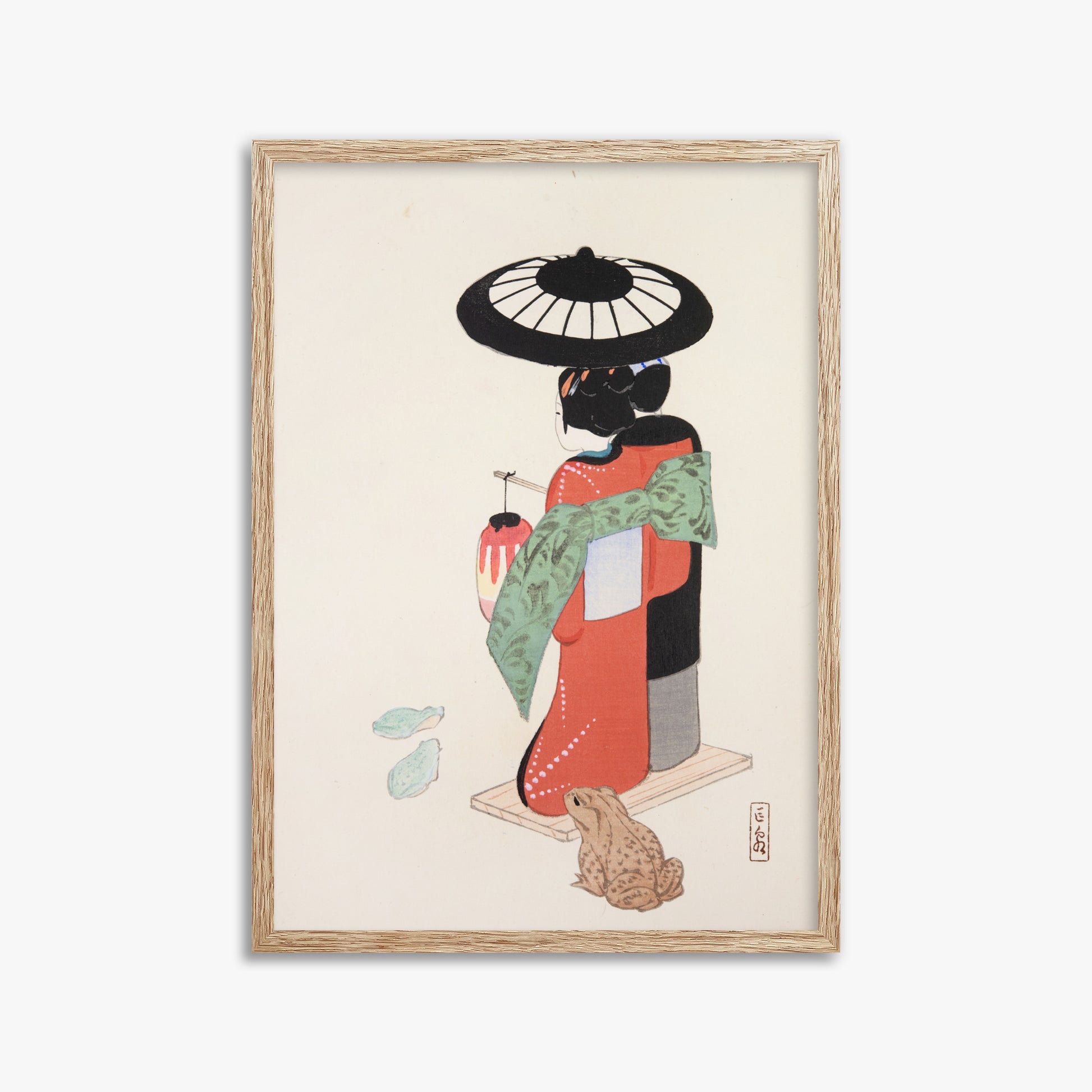 Kawasaki Kyosen: Kyosen’s Collected Illustrations of Japanese Toys Nr. 20 ("Serene Geisha Garden"), 50x70cm Framed Art Reproduction With Raw Oak Frame