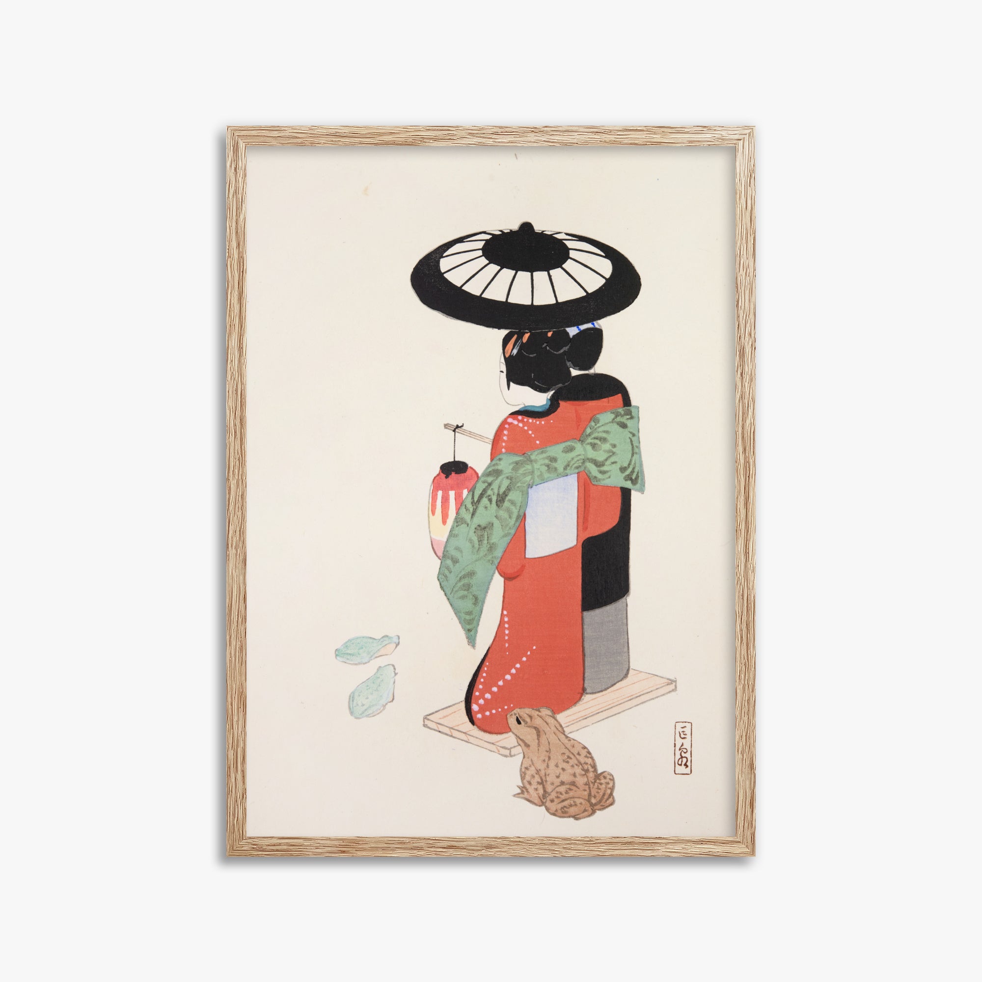 Kawasaki Kyosen: Kyosen’s Collected Illustrations of Japanese Toys Nr. 20 ("Serene Geisha Garden"), 50x70cm Framed Art Reproduction With Raw Oak Frame