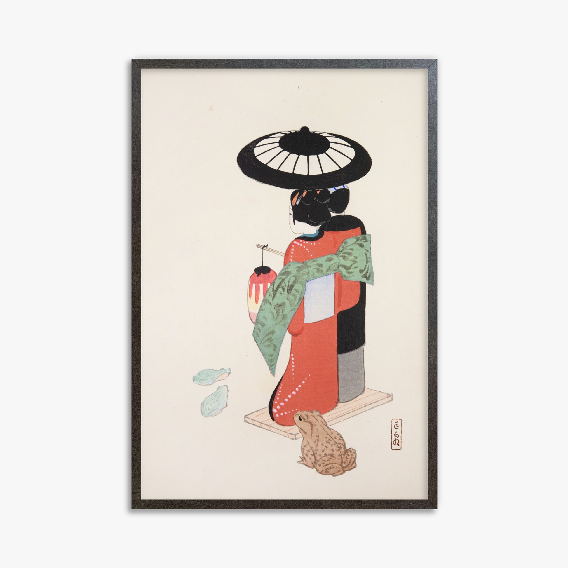 Kawasaki Kyosen: Kyosen’s Collected Illustrations of Japanese Toys Nr. 20 ("Serene Geisha Garden"), 61x91cm Framed Art Reproduction With Espresso Frame