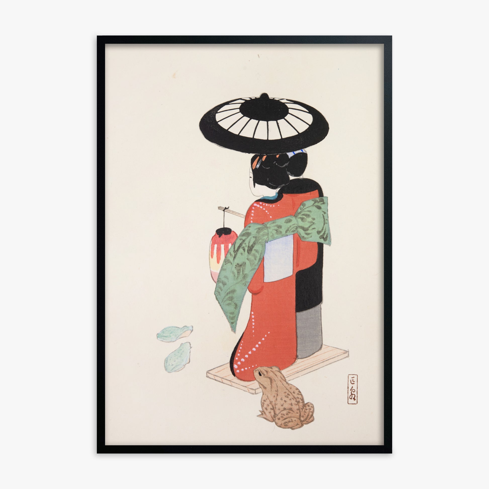 Kawasaki Kyosen: Kyosen’s Collected Illustrations of Japanese Toys Nr. 20 ("Serene Geisha Garden"), Black Framed Art Reproduction With Black Frame