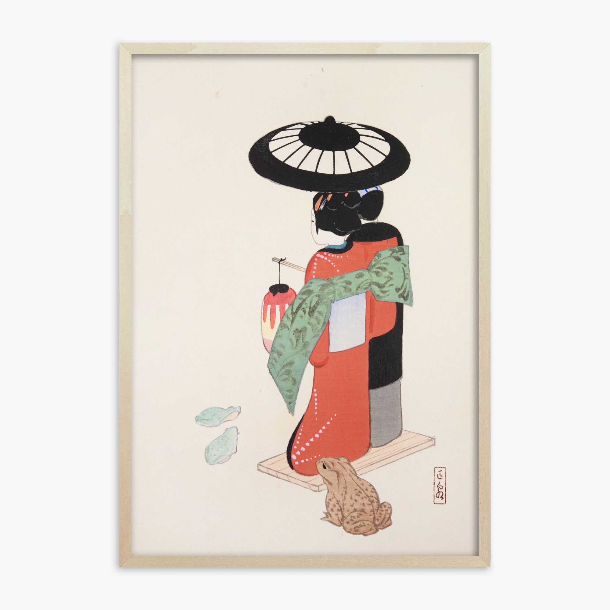 Kawasaki Kyosen: Kyosen’s Collected Illustrations of Japanese Toys Nr. 20 ("Serene Geisha Garden"), 70x100cm Framed Art Reproduction With Lime Wood Frame