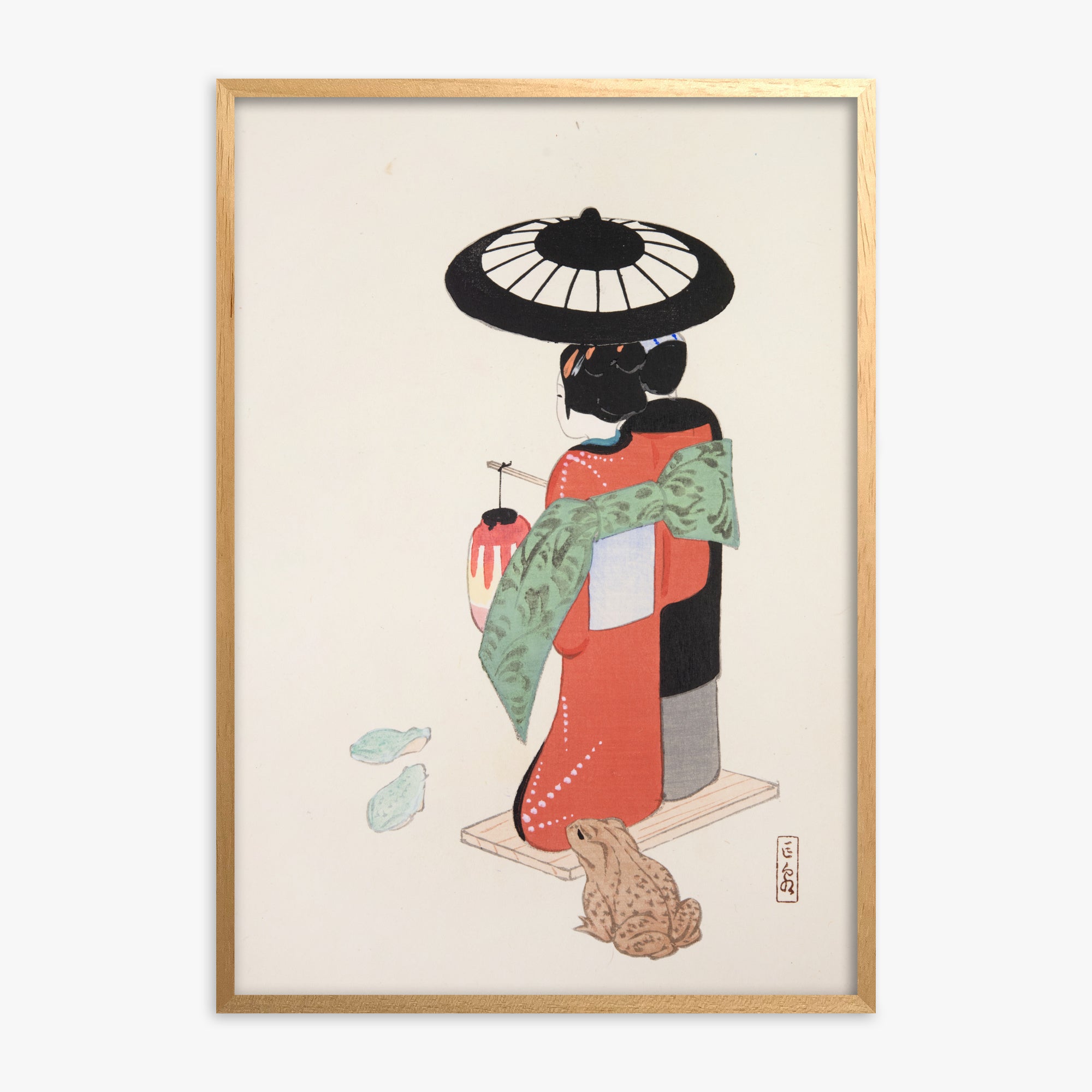 Kawasaki Kyosen: Kyosen’s Collected Illustrations of Japanese Toys Nr. 20 ("Serene Geisha Garden"), Oak Framed Art Reproduction With Oak Frame